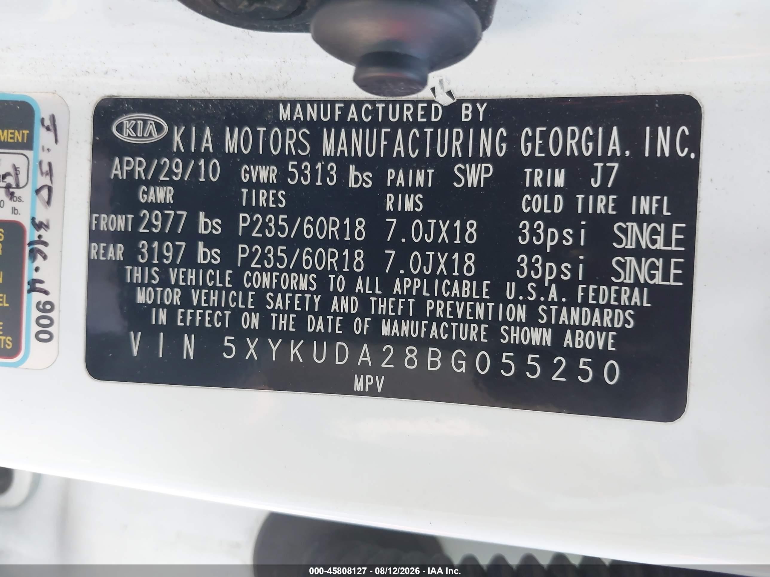 2011 Kia Sorento Ex V6 Белый vin: 5XYKUDA28BG055250