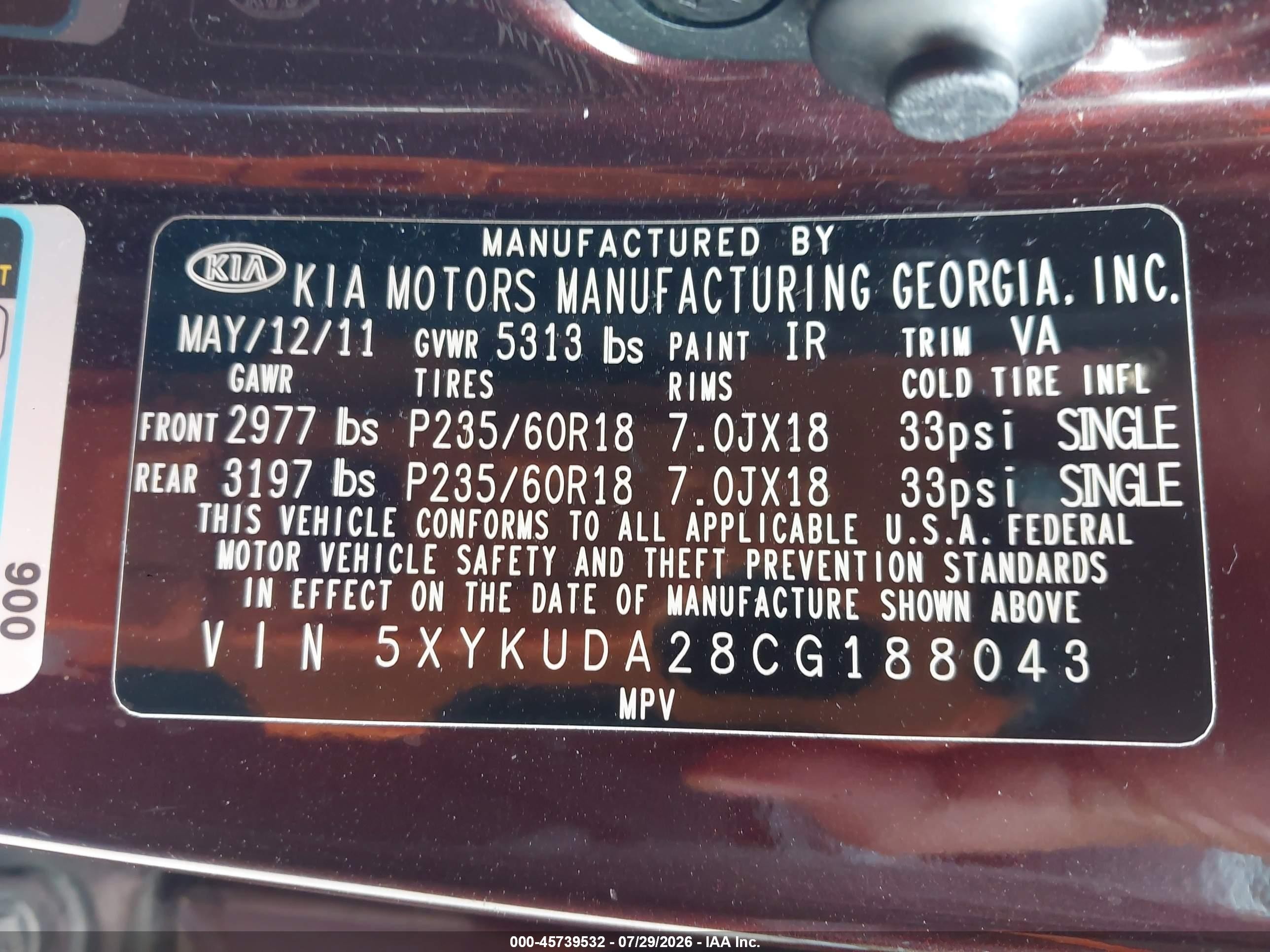 2012 Kia Sorento Ex V6 Maroon vin: 5XYKUDA28CG188043