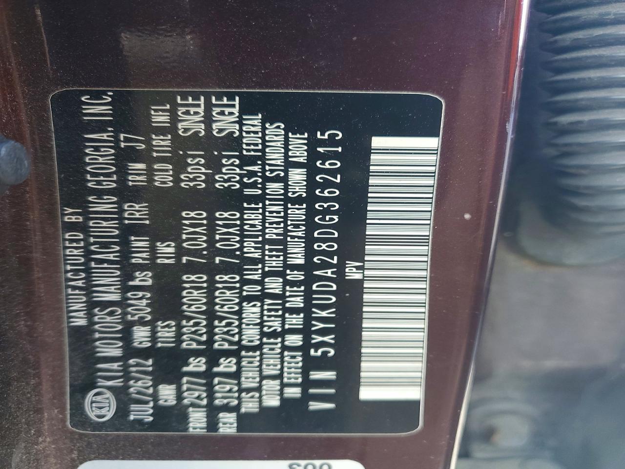 2013 Kia Sorento Ex Burgundy vin: 5XYKUDA28DG362615