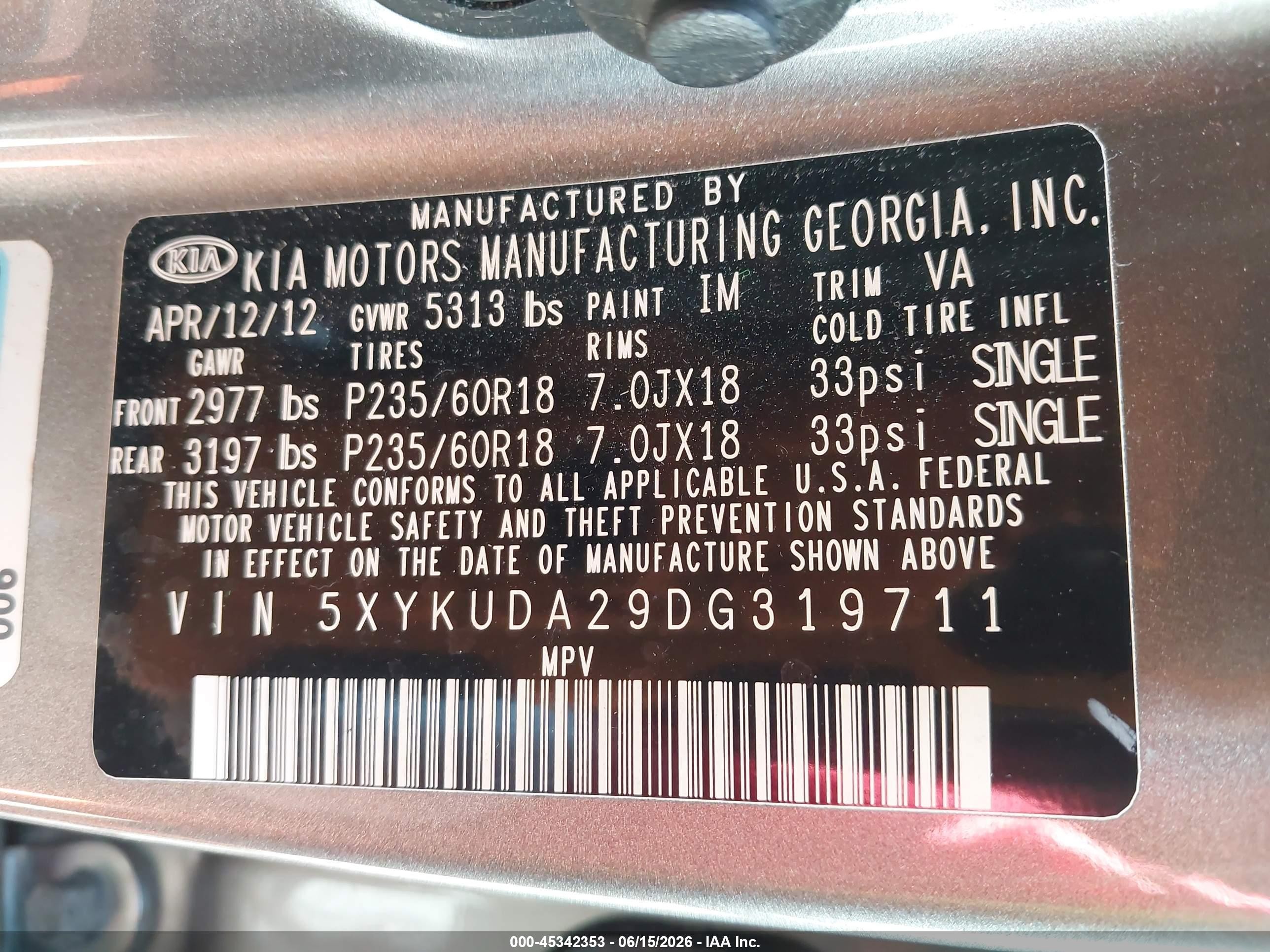 2013 Kia Sorento Ex V6 Gold vin: 5XYKUDA29DG319711