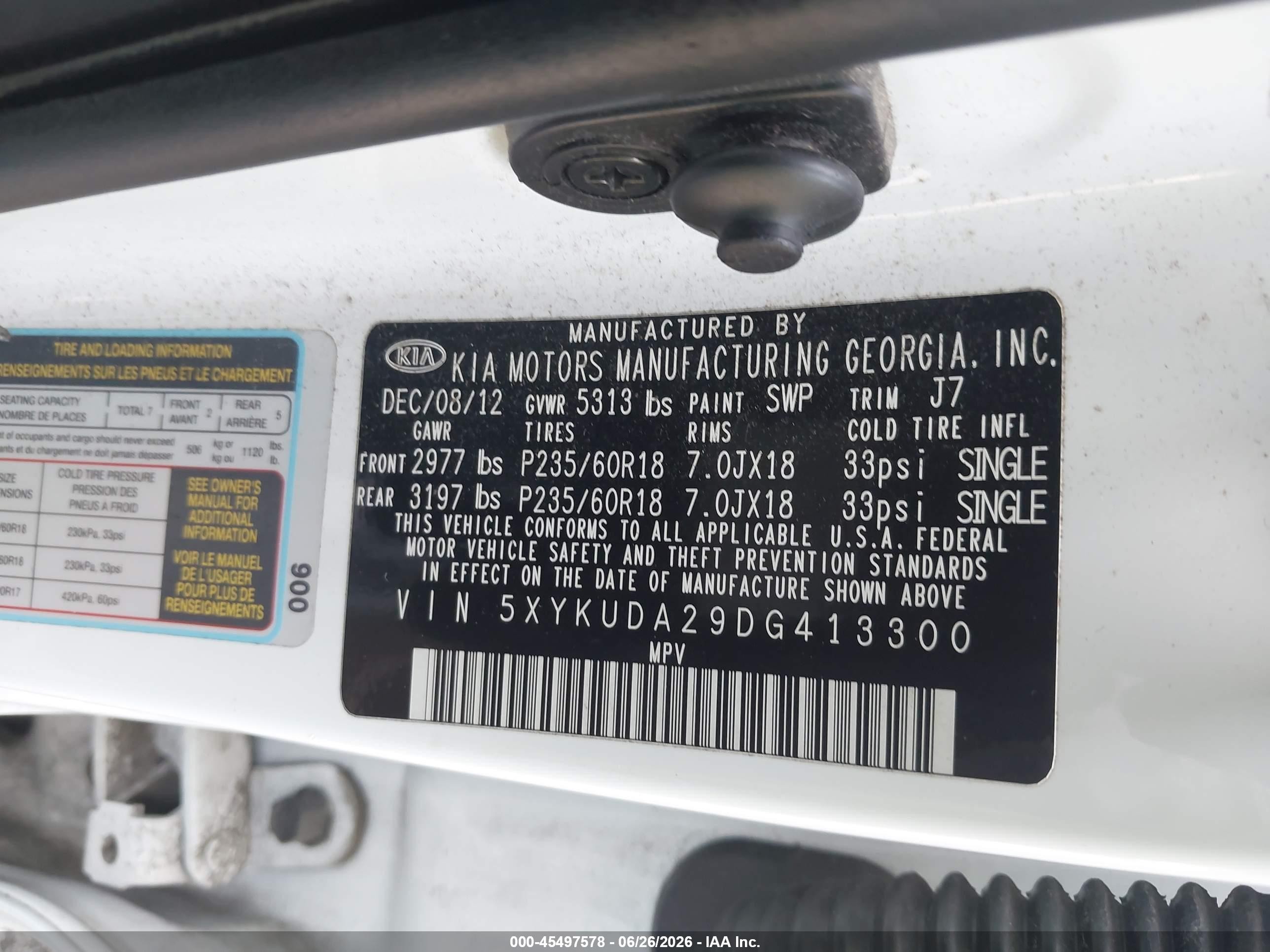 2013 Kia Sorento Ex V6 White vin: 5XYKUDA29DG413300