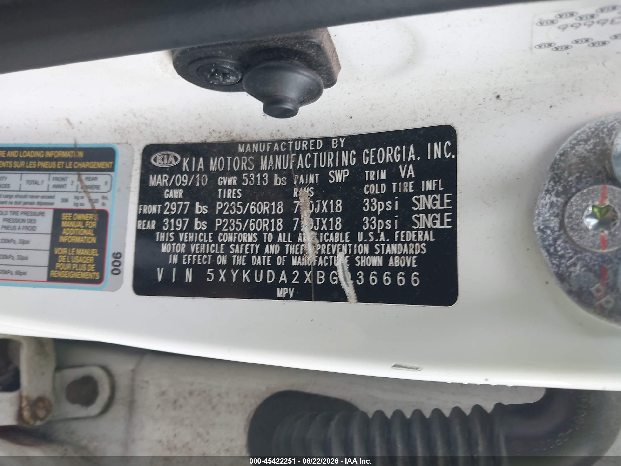 2011 Kia Sorento Ex V6 White vin: 5XYKUDA2XBG036666