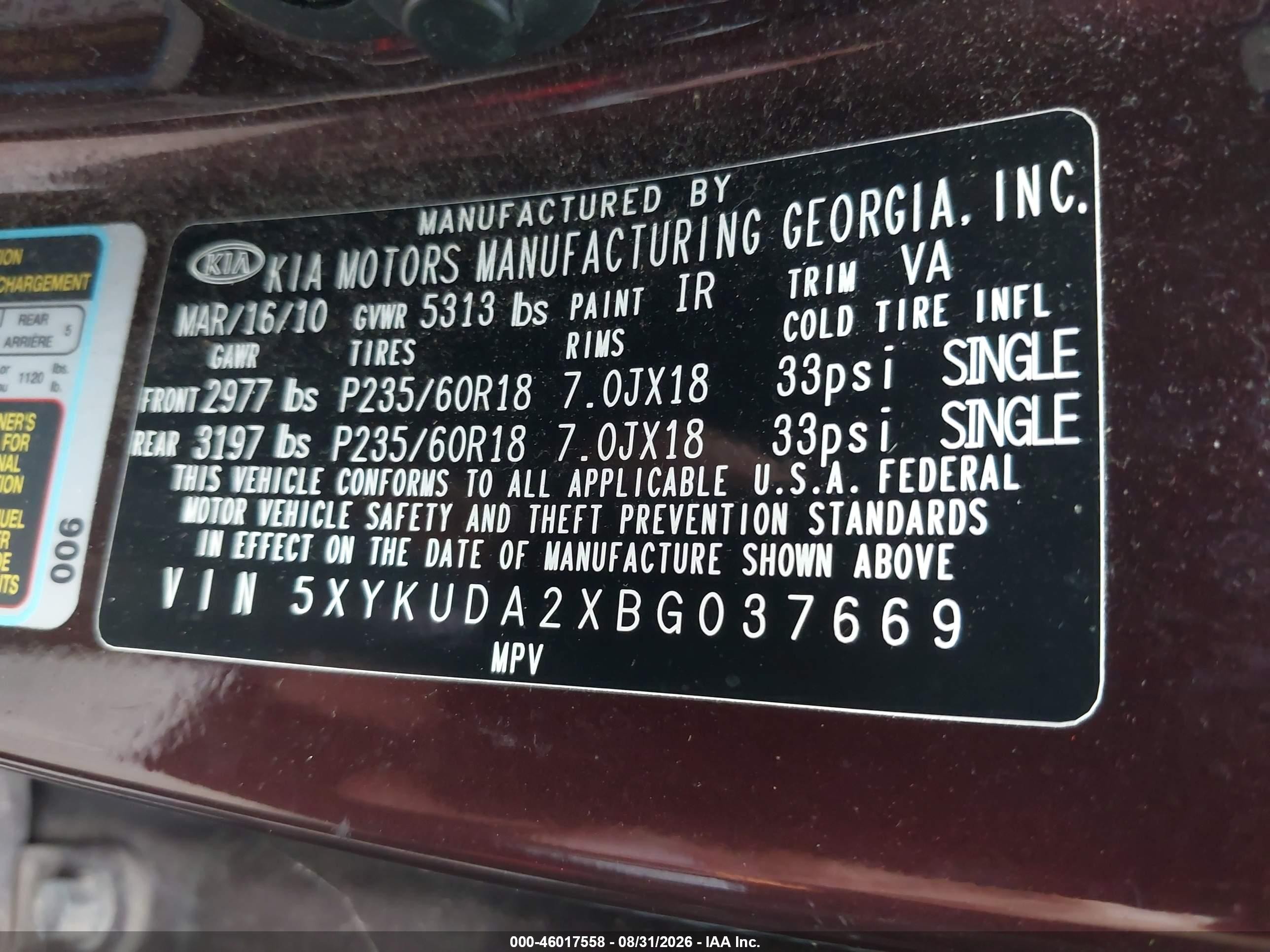 2011 Kia Sorento Ex V6 Burgundy vin: 5XYKUDA2XBG037669