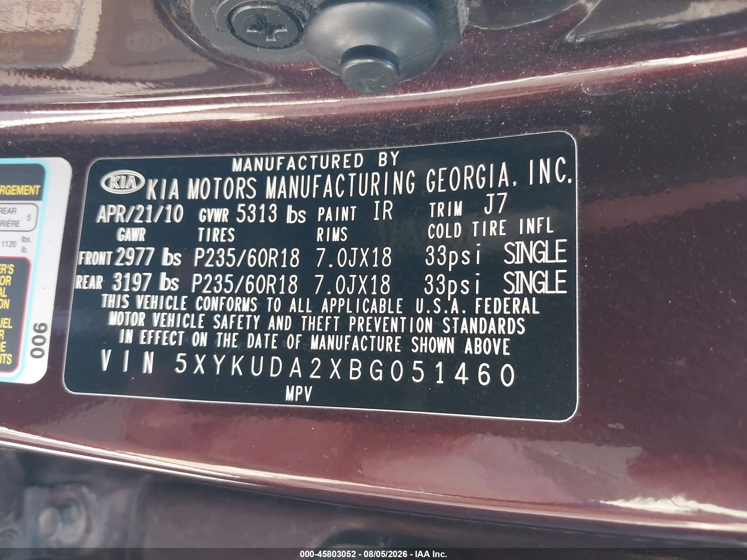 2011 Kia Sorento Ex V6 Burgundy vin: 5XYKUDA2XBG051460