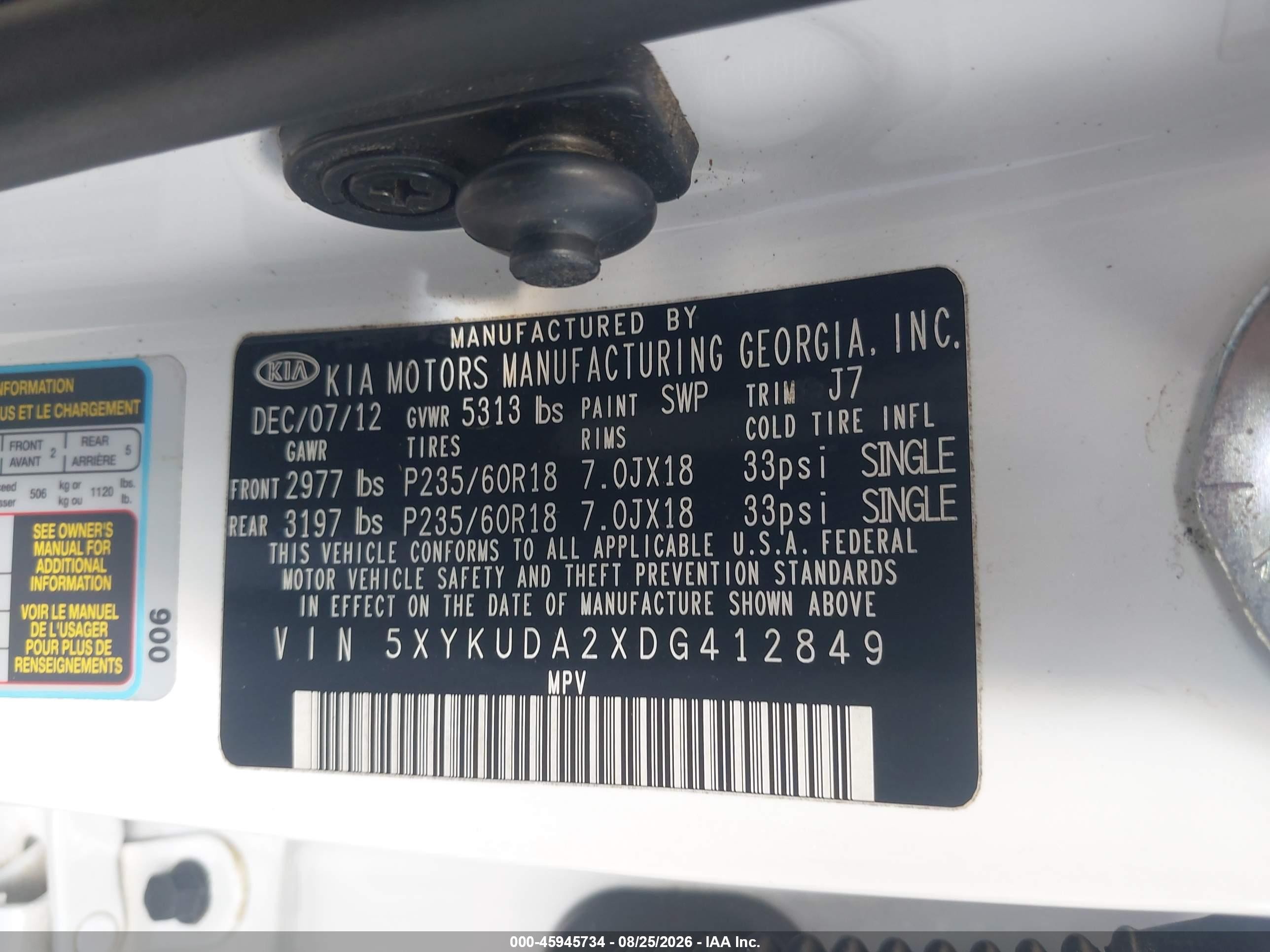2013 Kia Sorento Ex V6 White vin: 5XYKUDA2XDG412849