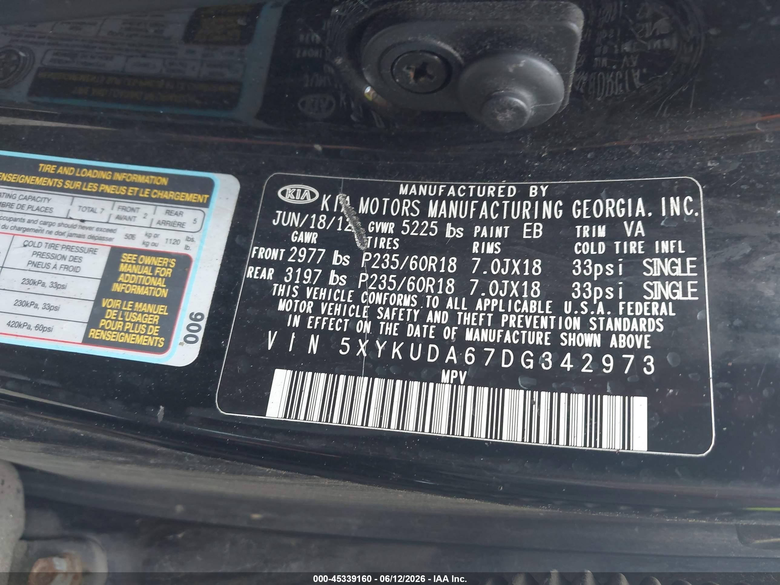 2013 Kia Sorento Ex Black vin: 5XYKUDA67DG342973