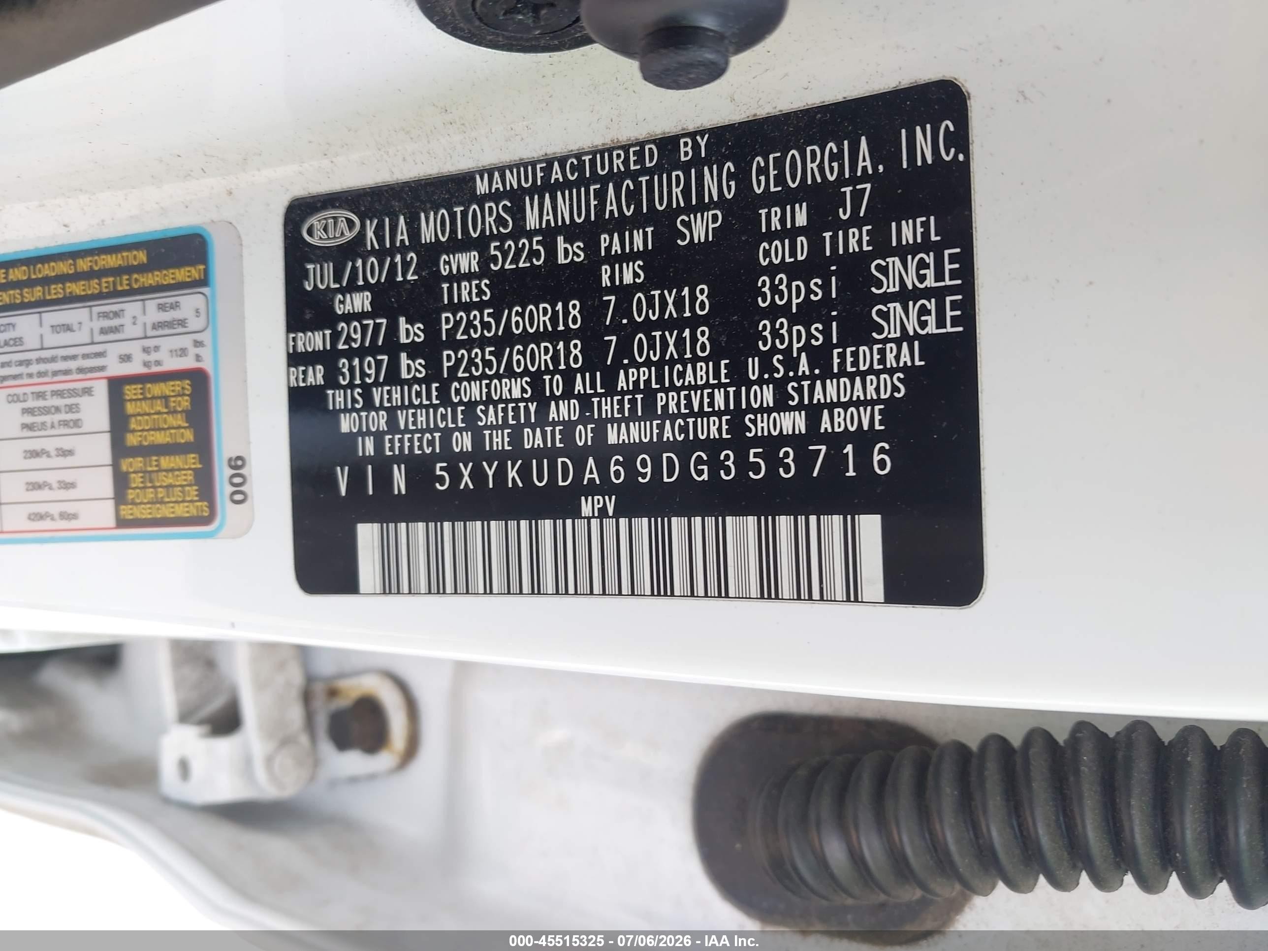 2013 Kia Sorento Ex White vin: 5XYKUDA69DG353716