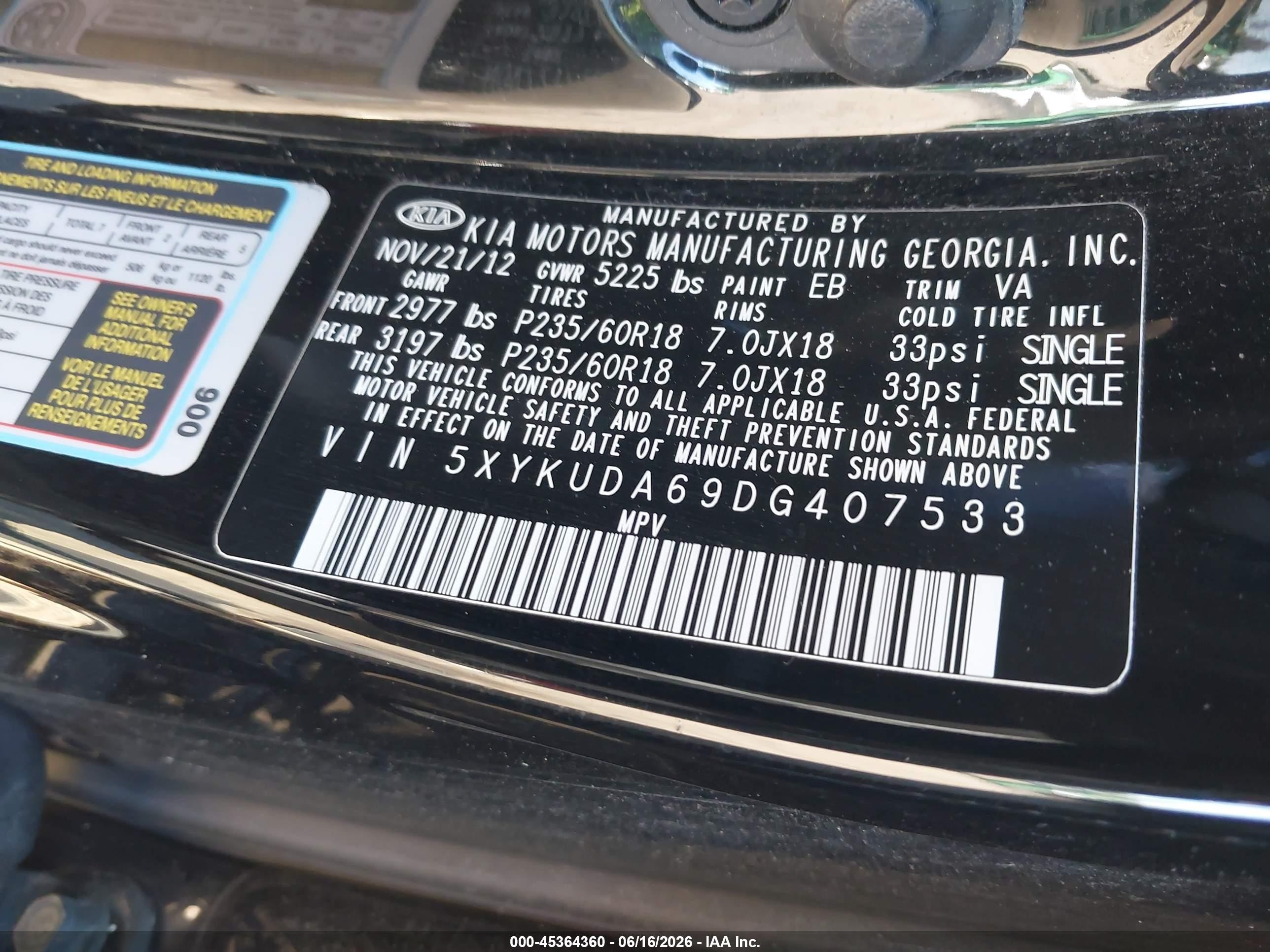 2013 Kia Sorento Ex Black vin: 5XYKUDA69DG407533