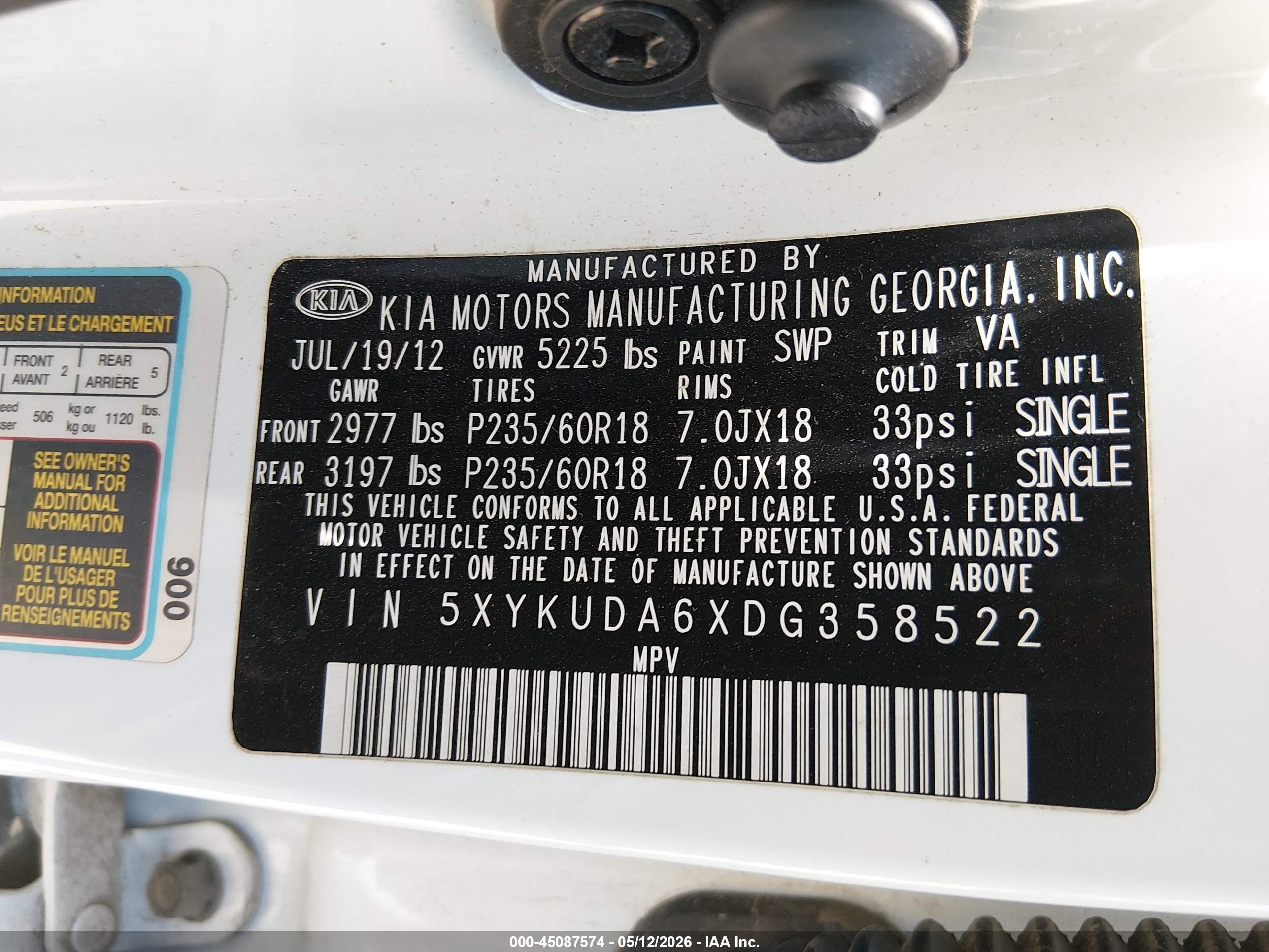 2013 Kia Sorento Ex White vin: 5XYKUDA6XDG358522