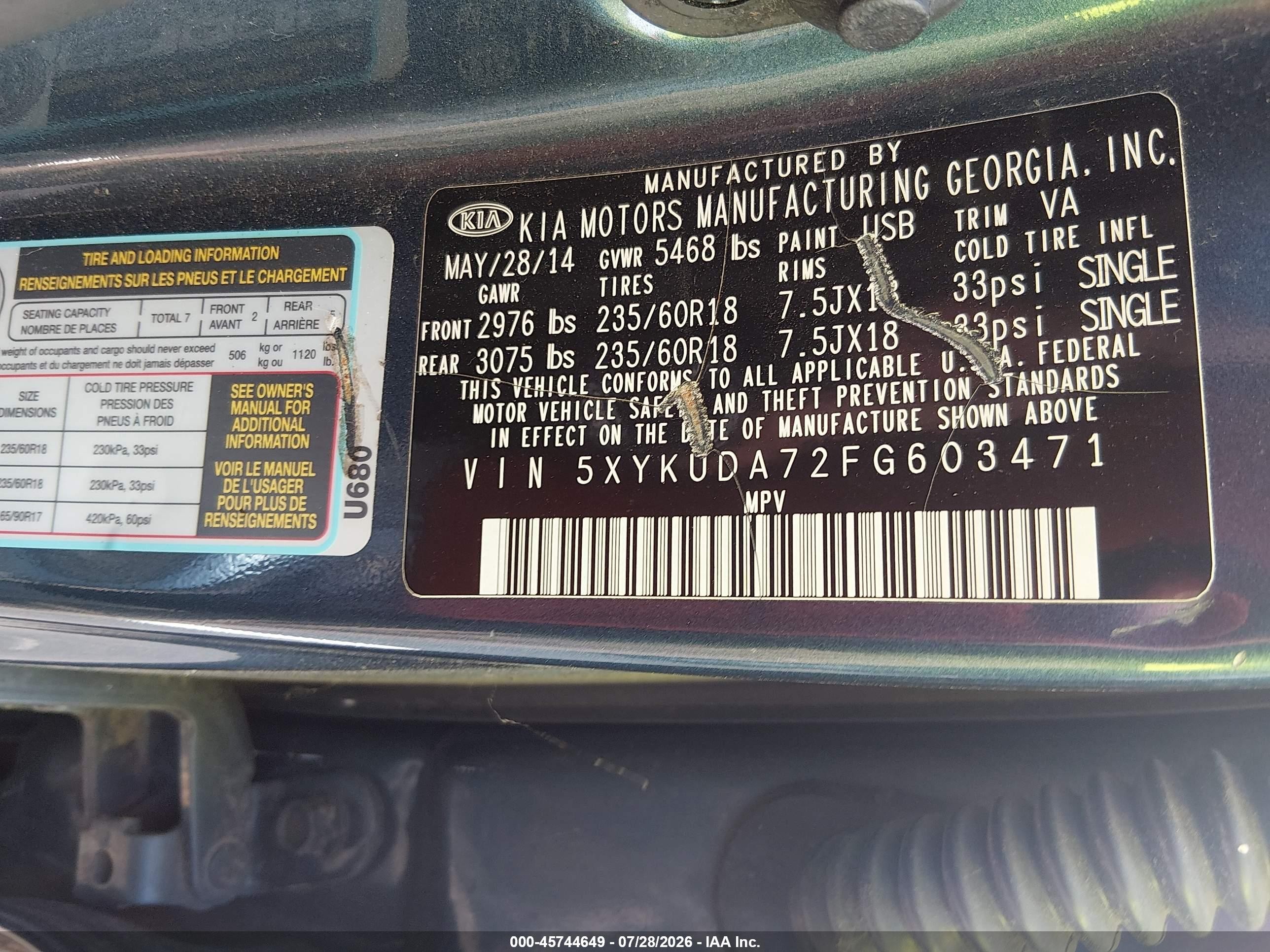 2015 Kia Sorento Ex V6 Blue vin: 5XYKUDA72FG603471