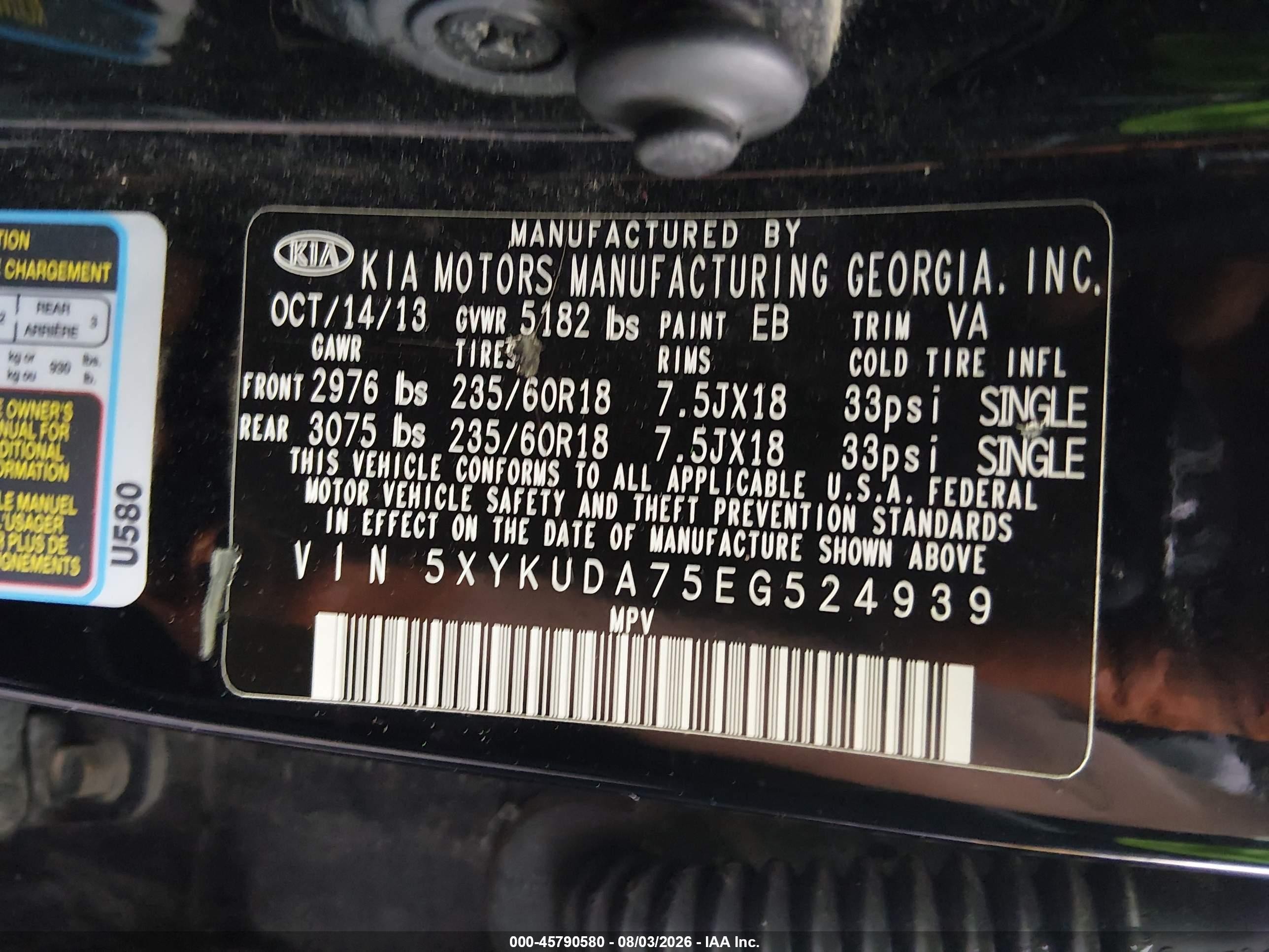 2014 Kia Sorento Ex V6 Black vin: 5XYKUDA75EG524939