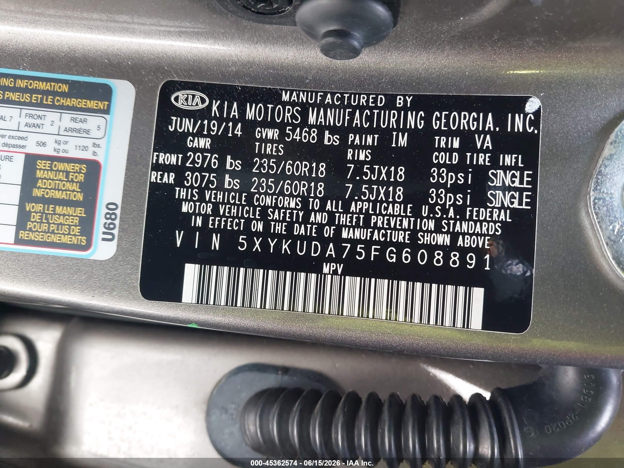 2015 Kia Sorento Ex V6 Gray vin: 5XYKUDA75FG608891