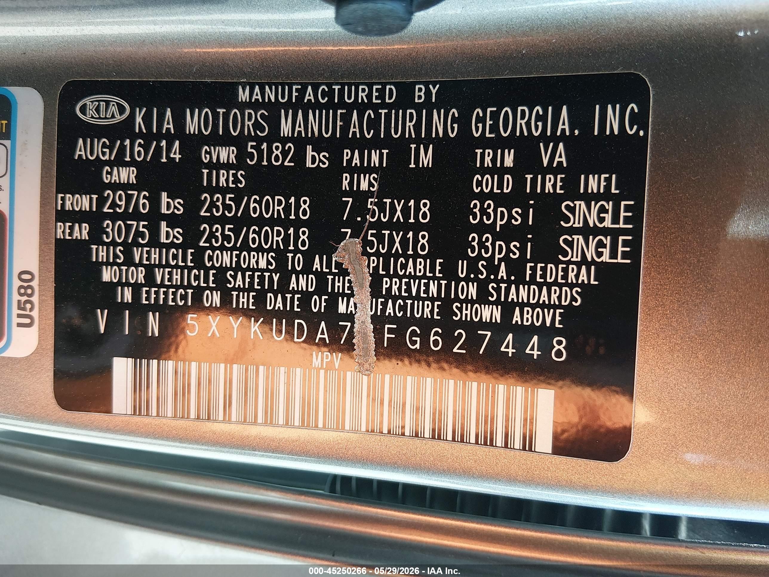 2015 Kia Sorento Ex V6 Gray vin: 5XYKUDA76FG627448