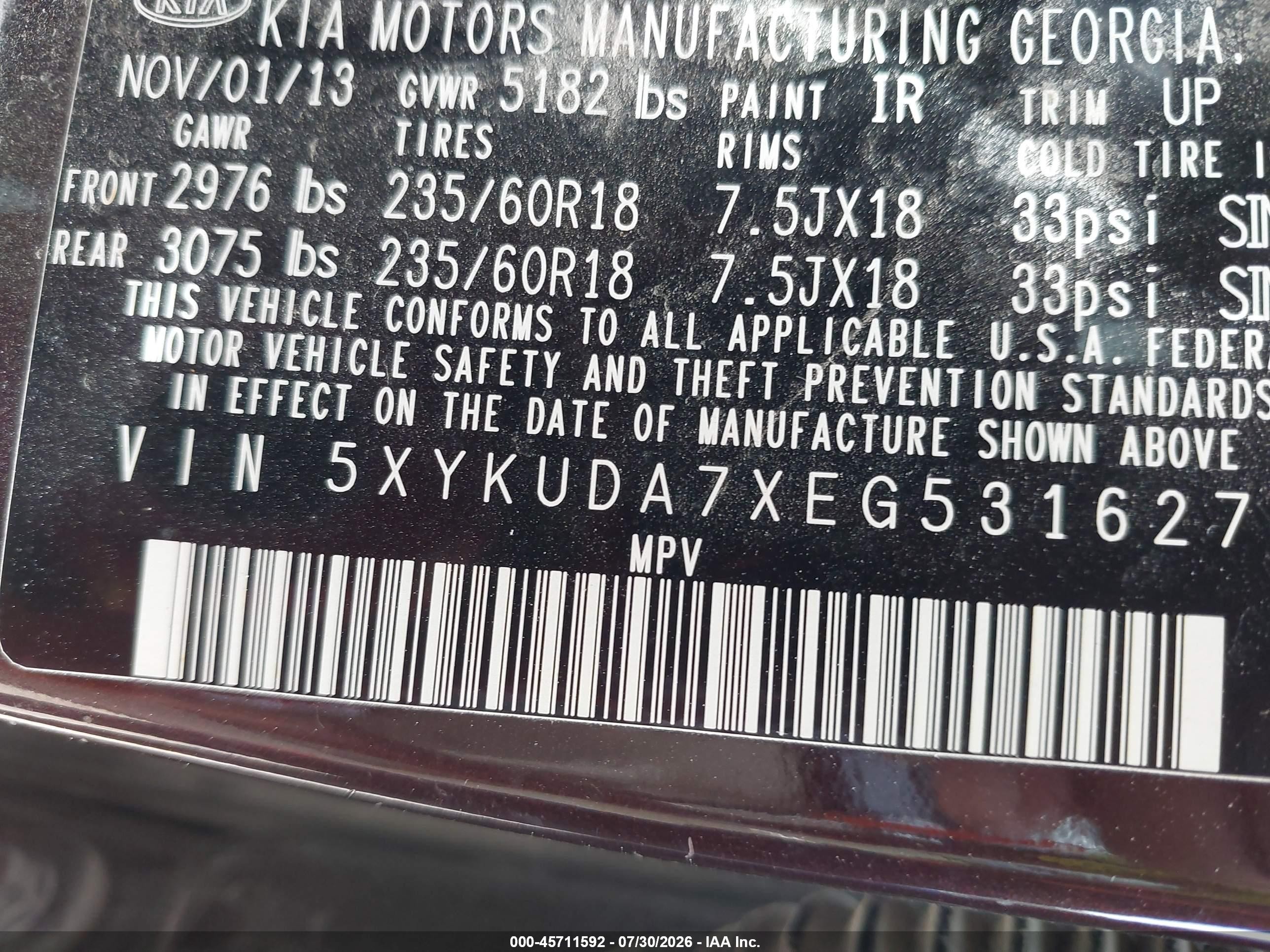 2014 Kia Sorento Ex V6 Purple vin: 5XYKUDA7XEG531627