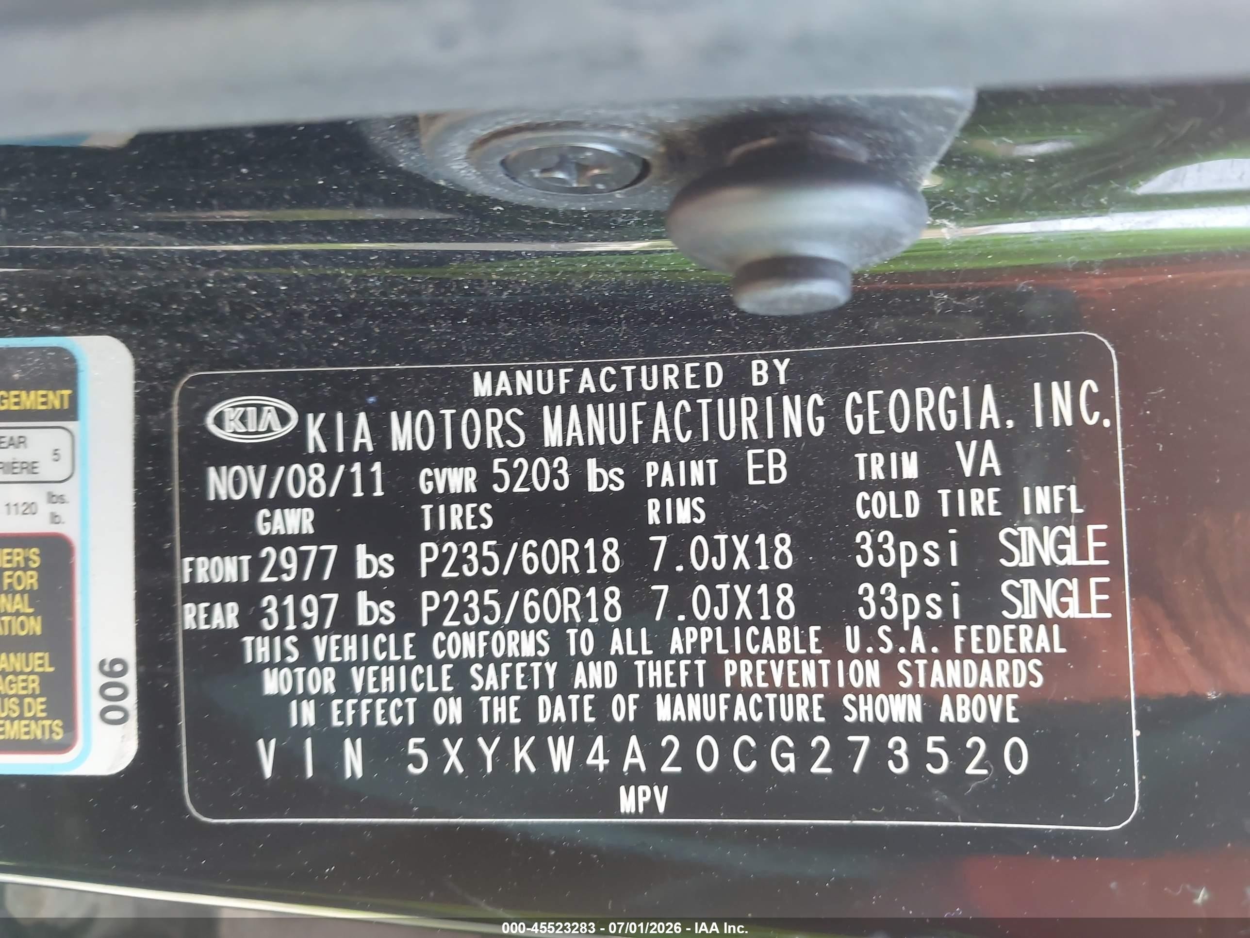 2012 Kia Sorento Sx V6 Black vin: 5XYKW4A20CG273520