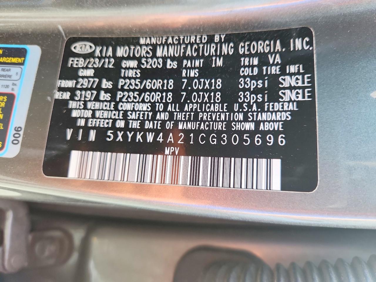 2012 Kia Sorento Sx Gray vin: 5XYKW4A21CG305696