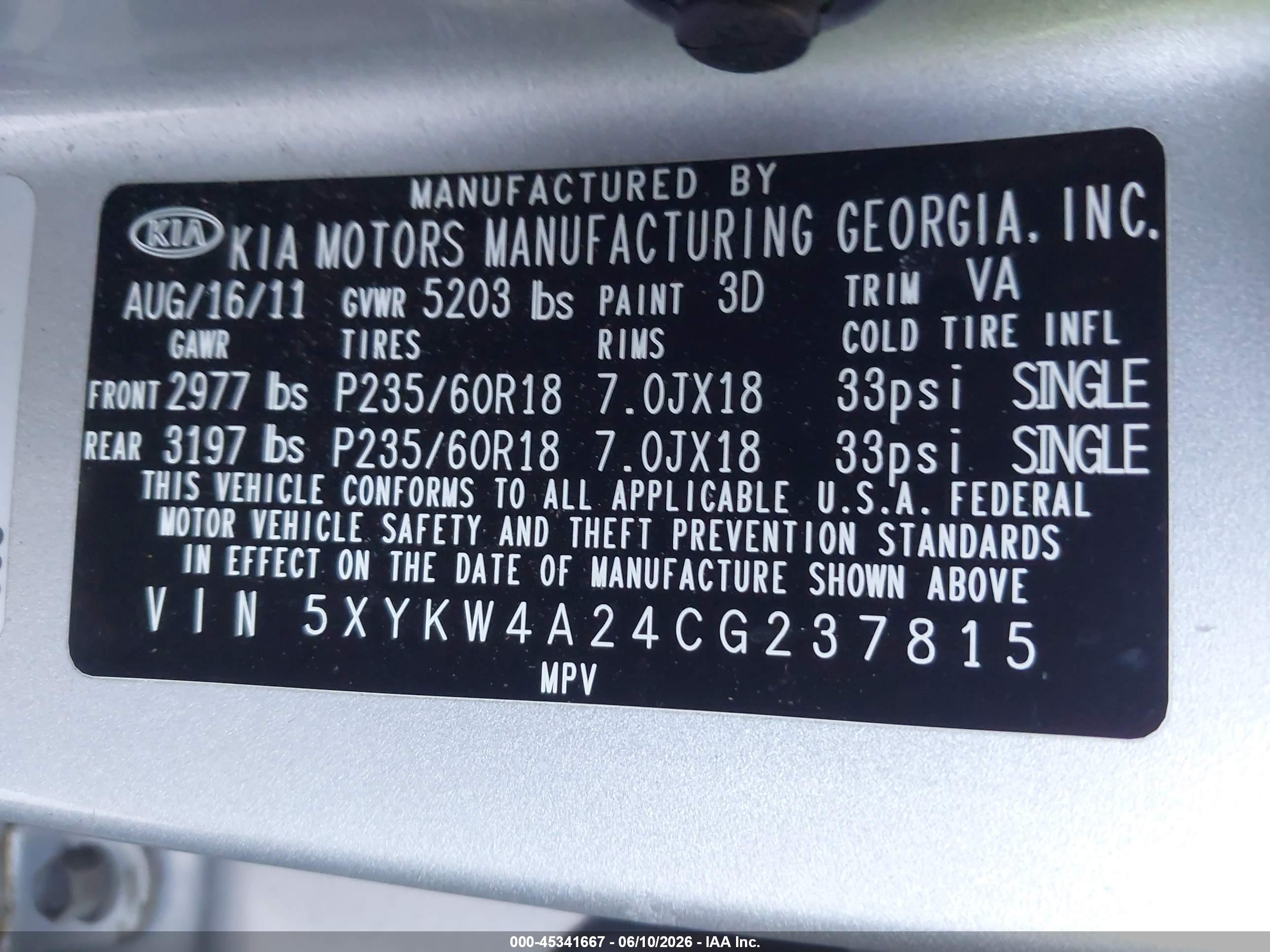 2012 Kia Sorento Sx V6 Silver vin: 5XYKW4A24CG237815