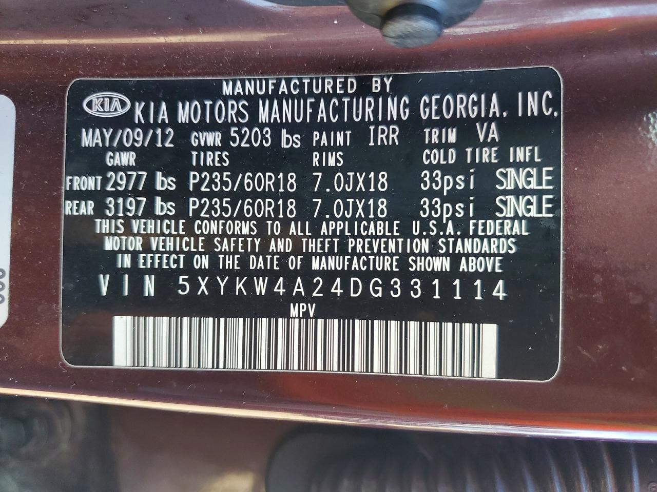 2013 Kia Sorento Burgundy vin: 5XYKW4A24DG331114