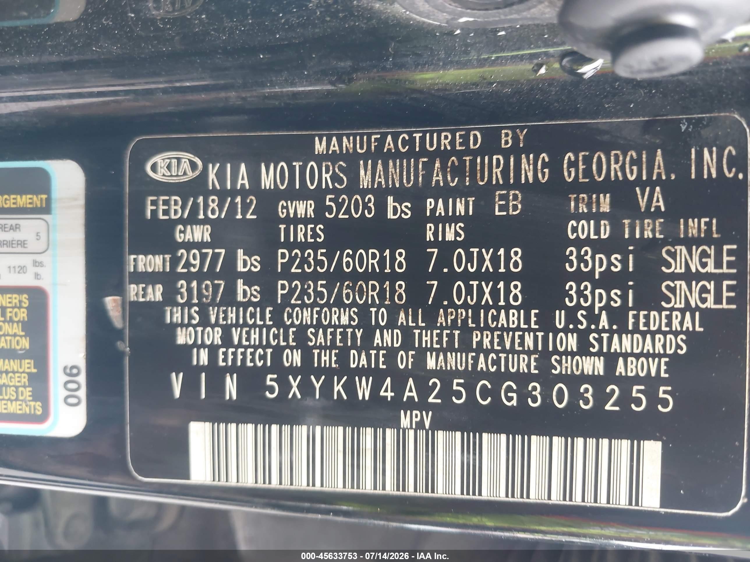 2012 Kia Sorento Sx V6 Black vin: 5XYKW4A25CG303255
