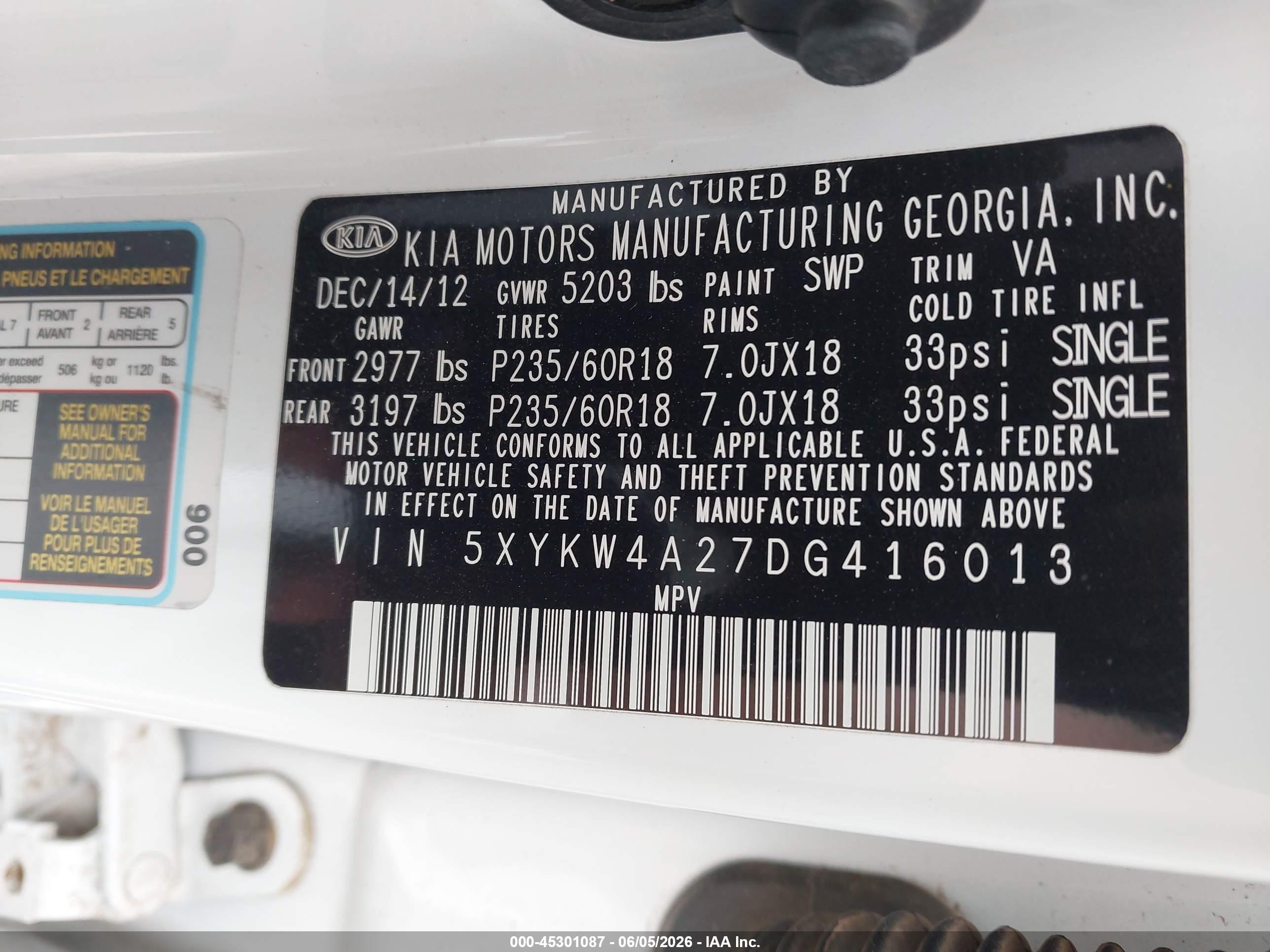 2013 Kia Sorento Sx White vin: 5XYKW4A27DG416013