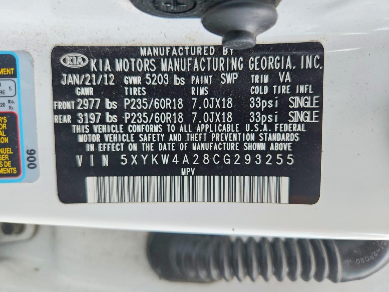 2012 Kia Sorento Sx White vin: 5XYKW4A28CG293255