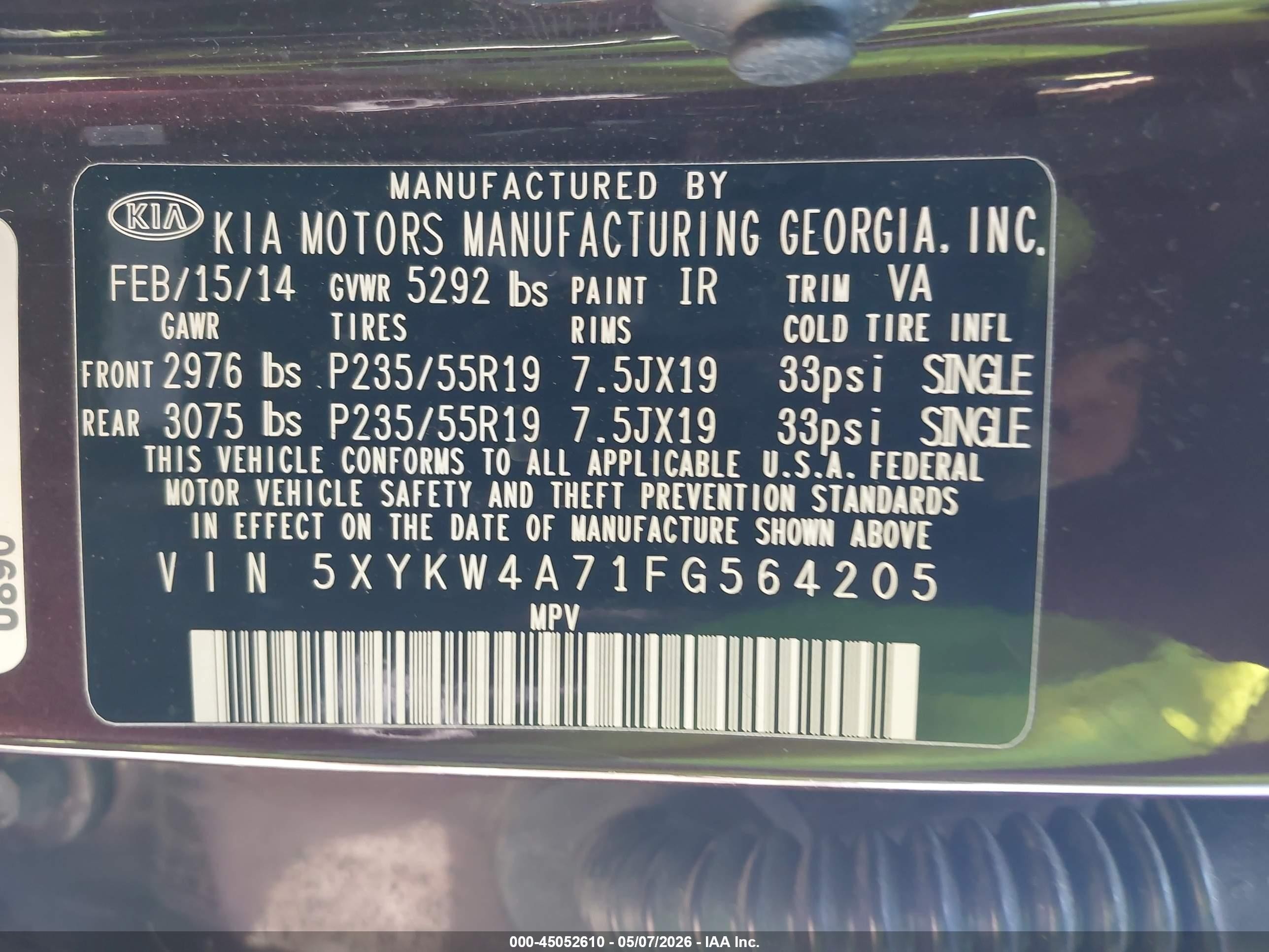 2015 Kia Sorento Sx V6 Burgundy vin: 5XYKW4A71FG564205