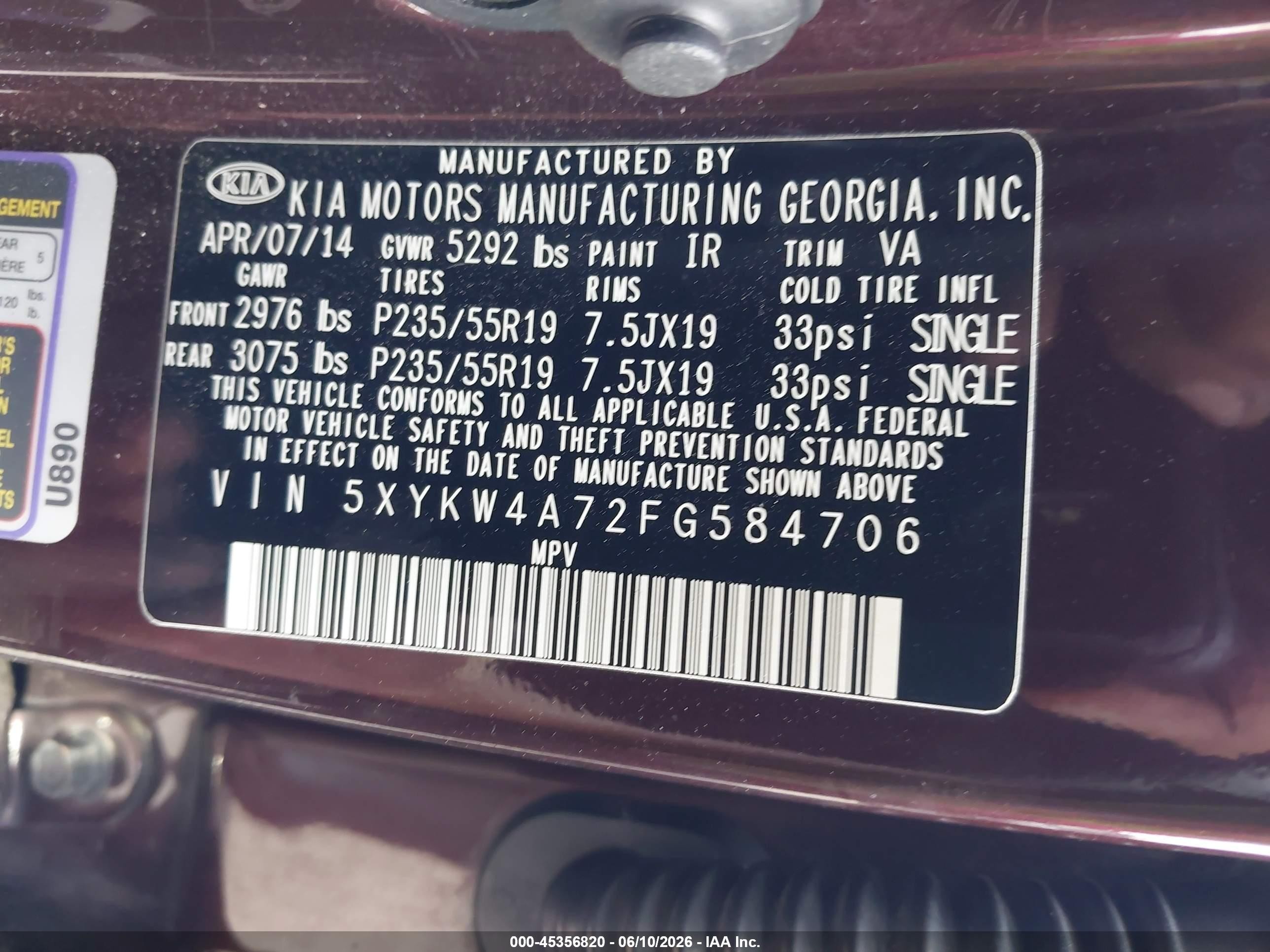2015 Kia Sorento Sx V6 Maroon vin: 5XYKW4A72FG584706