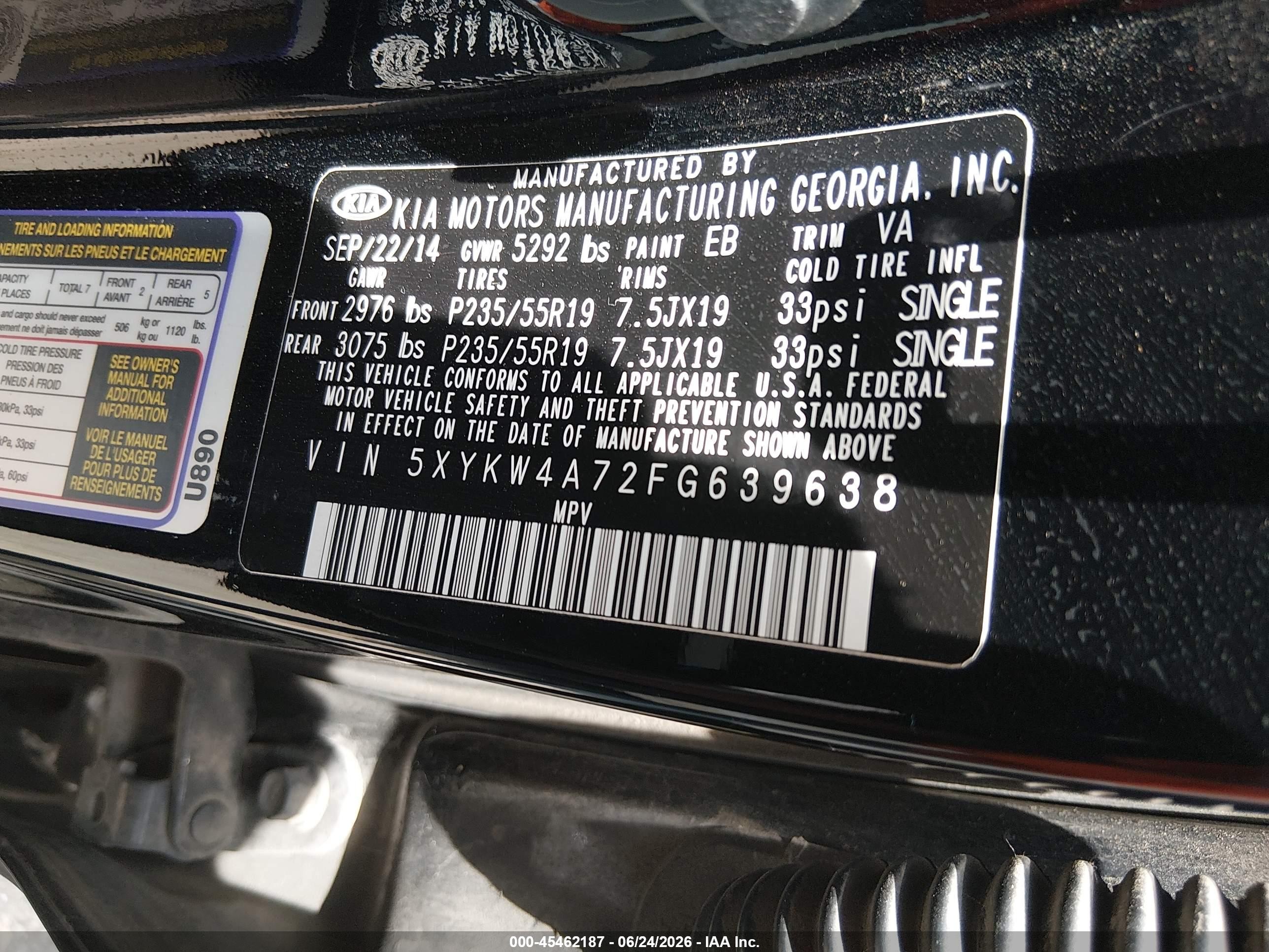 2015 Kia Sorento Sx V6 Черный vin: 5XYKW4A72FG639638