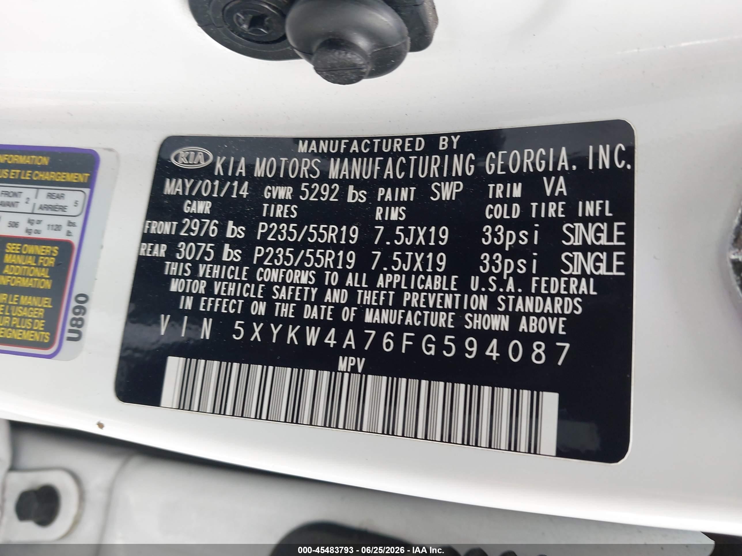 2015 Kia Sorento Limited V6 White vin: 5XYKW4A76FG594087
