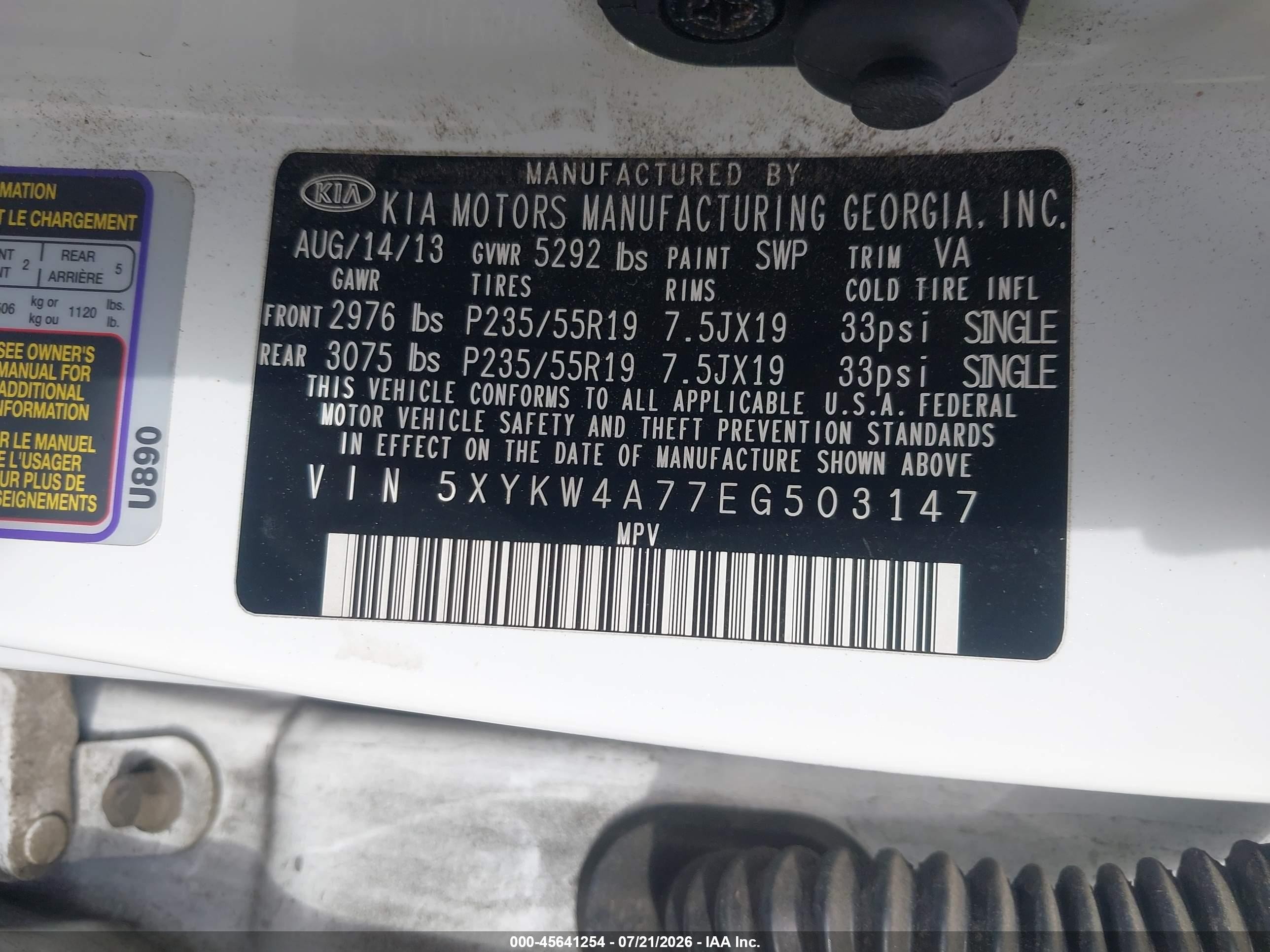 2014 Kia Sorento Limited V6 White vin: 5XYKW4A77EG503147