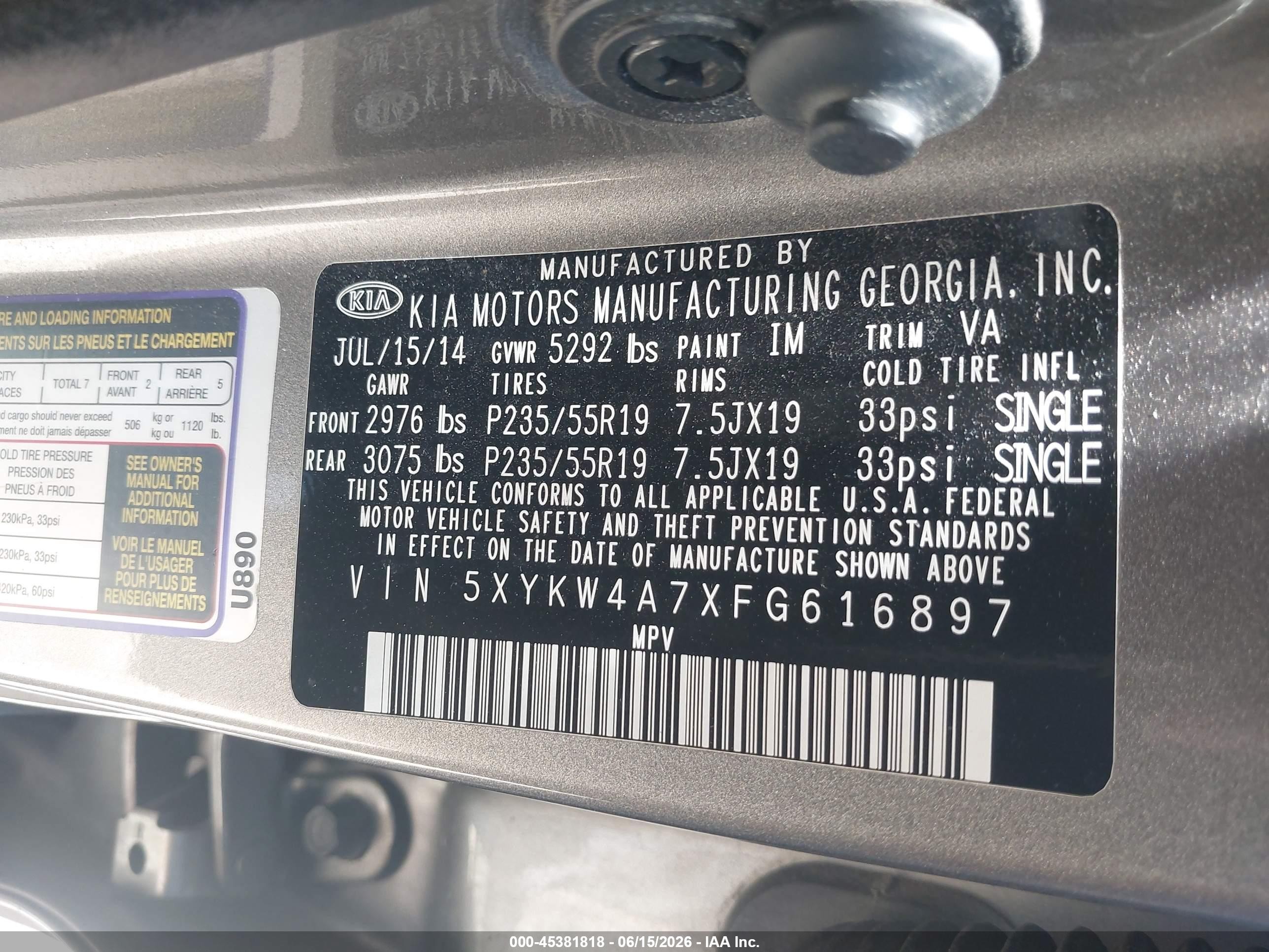 2015 Kia Sorento Limited V6 Gray vin: 5XYKW4A7XFG616897