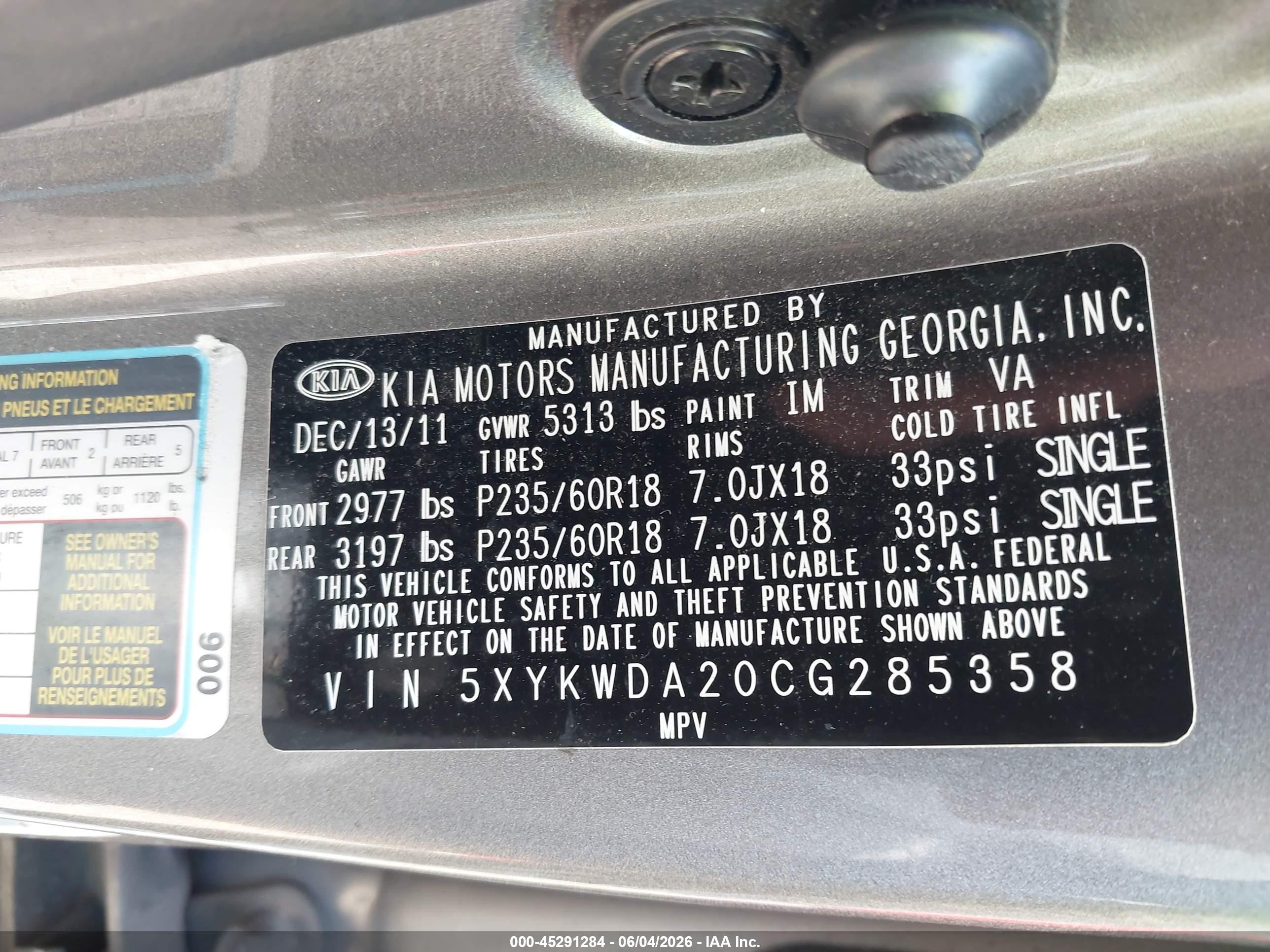 2012 Kia Sorento Sx V6 Gray vin: 5XYKWDA20CG285358