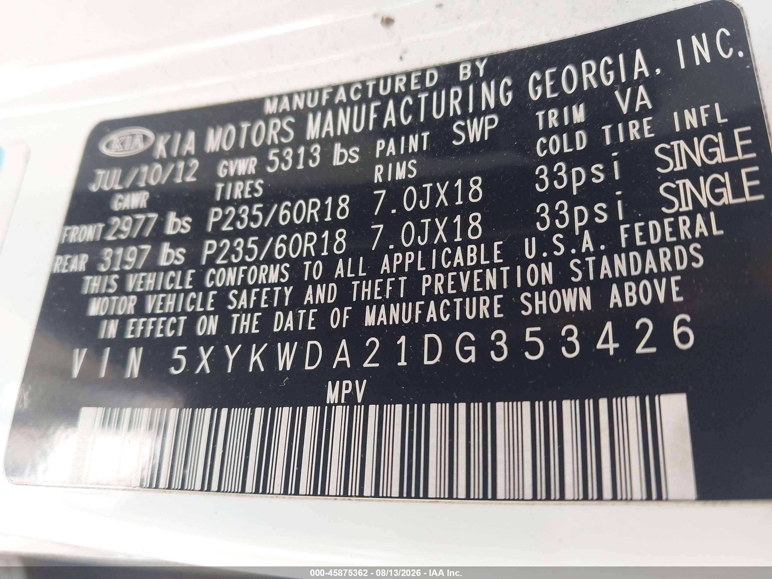 2013 Kia Sorento Sx V6 Белый vin: 5XYKWDA21DG353426