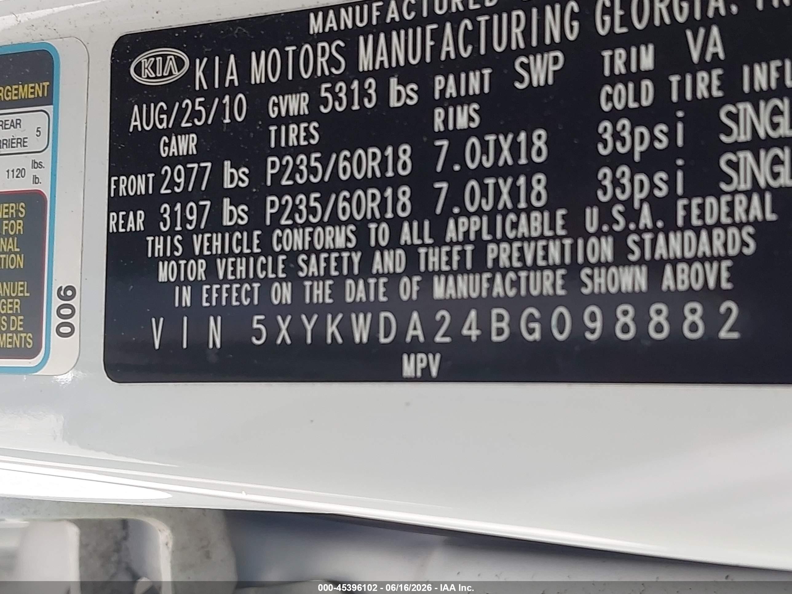2011 Kia Sorento Sx V6 White vin: 5XYKWDA24BG098882