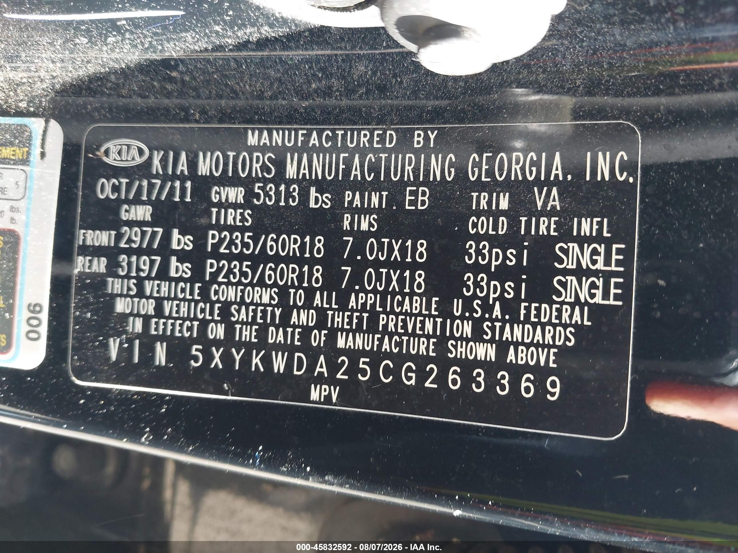 2012 Kia Sorento Sx V6 Black vin: 5XYKWDA25CG263369