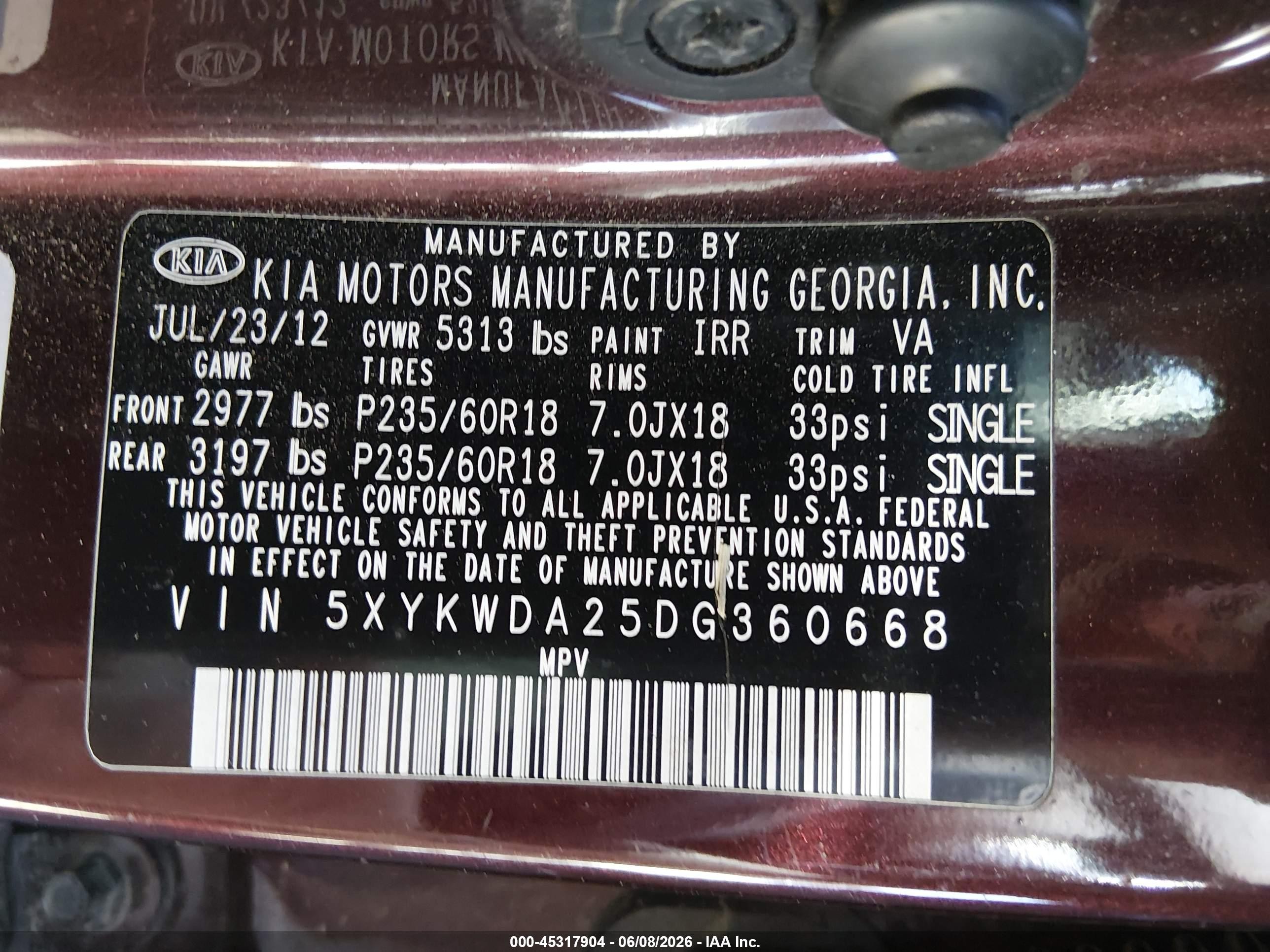 2013 Kia Sorento Sx V6 Purple vin: 5XYKWDA25DG360668