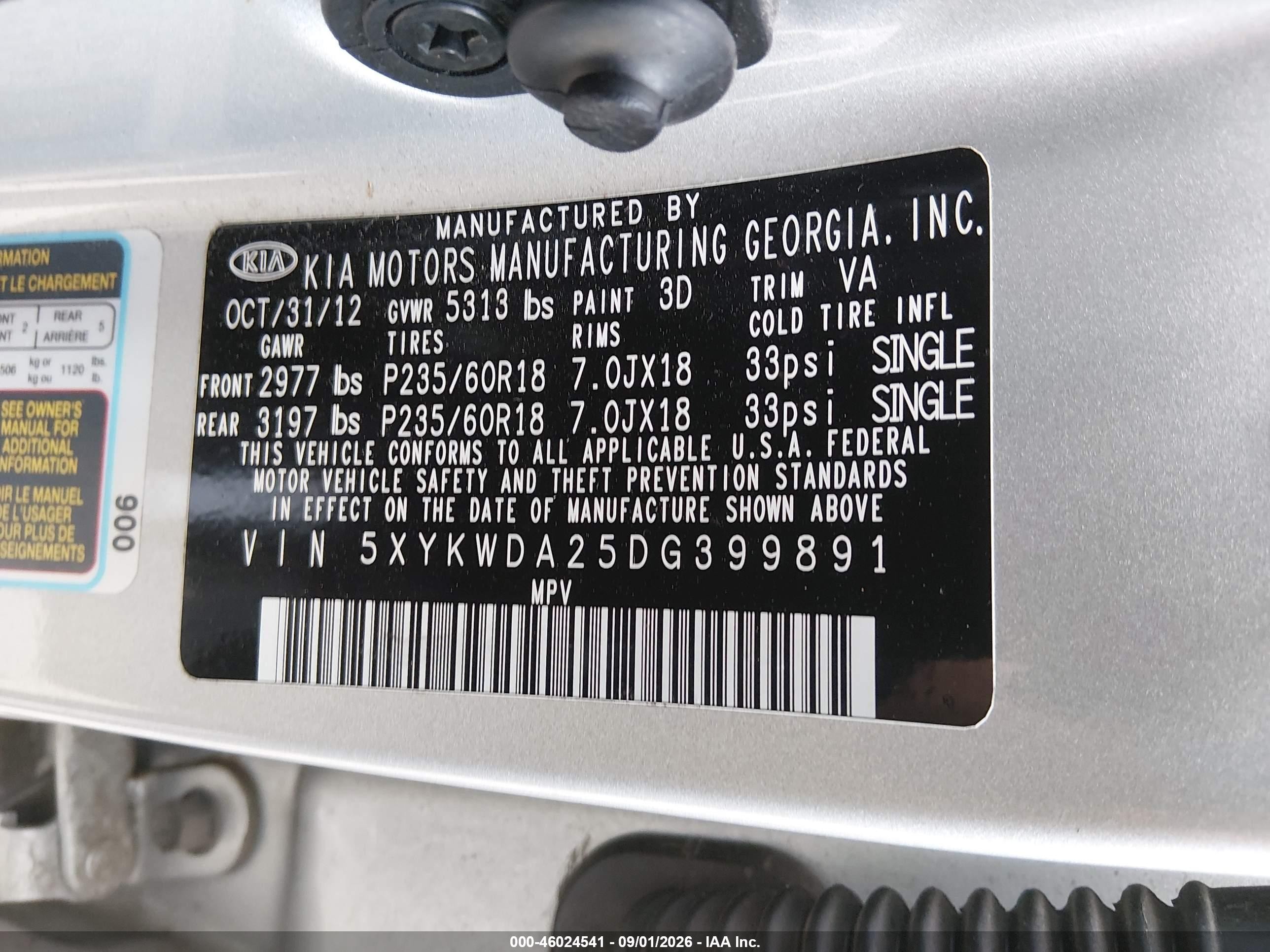 2013 Kia Sorento Sx V6 Silver vin: 5XYKWDA25DG399891