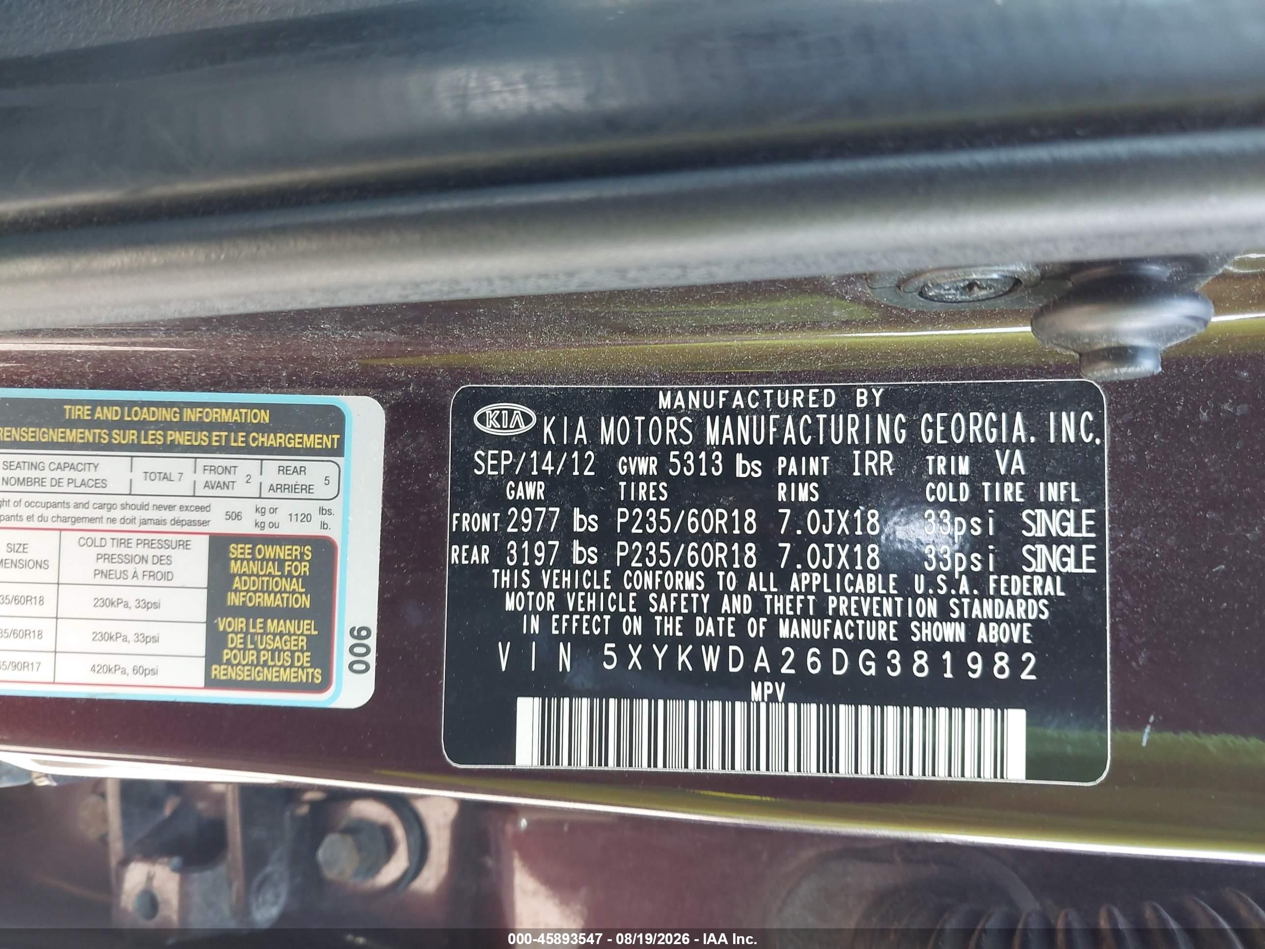 2013 Kia Sorento Sx V6 Burgundy vin: 5XYKWDA26DG381982