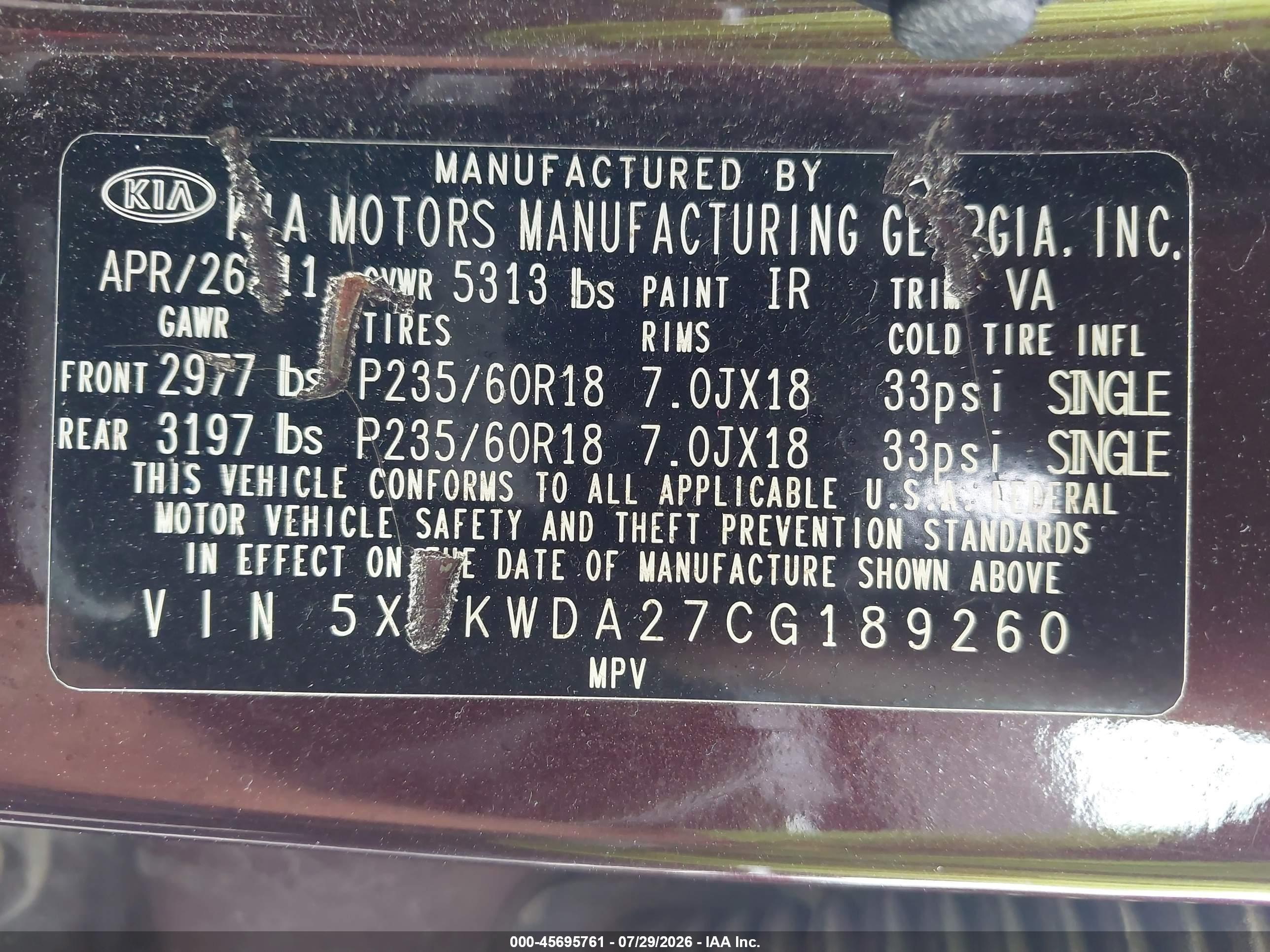 2012 Kia Sorento Sx V6 Purple vin: 5XYKWDA27CG189260