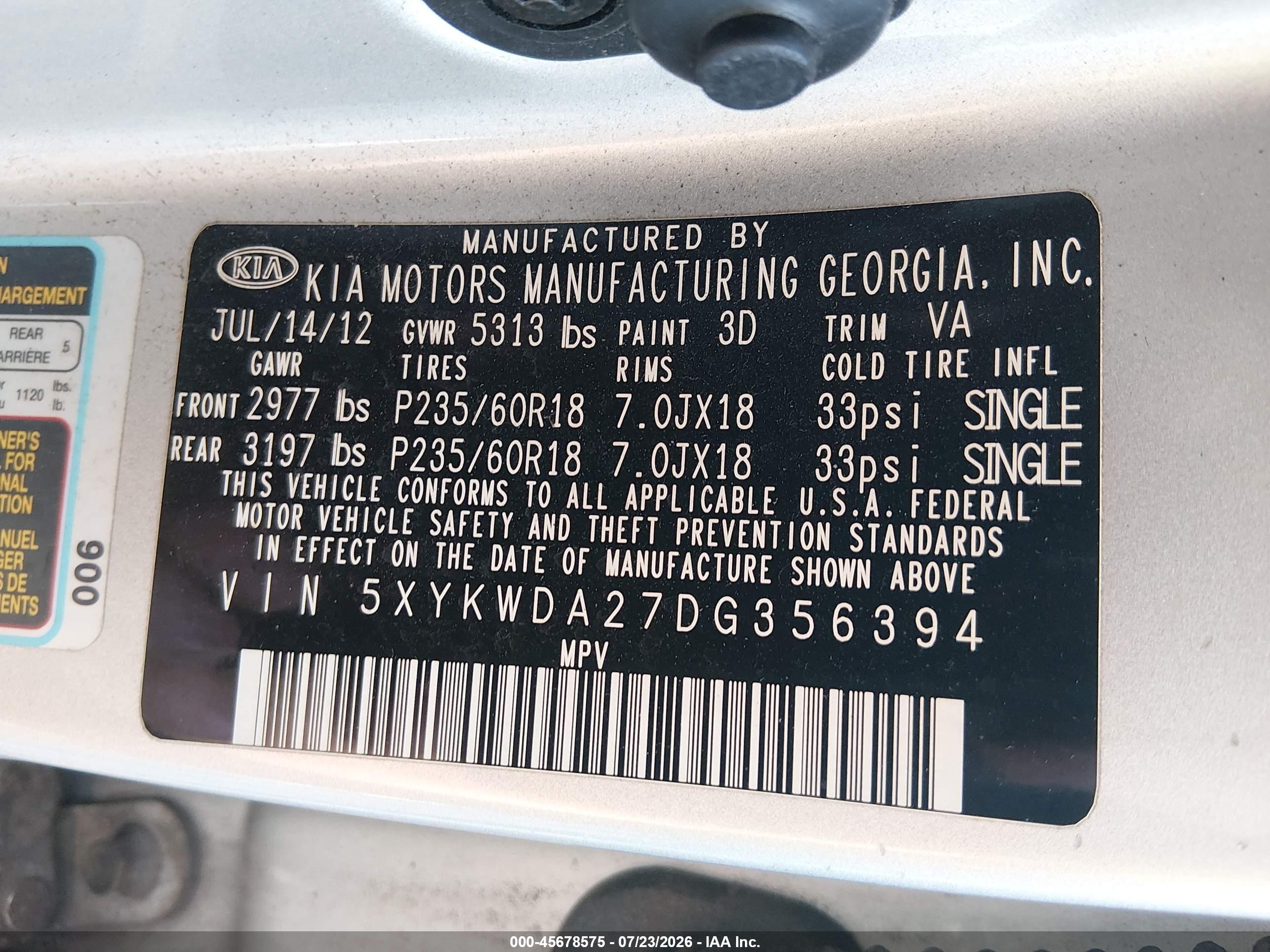 2013 Kia Sorento Sx V6 Silver vin: 5XYKWDA27DG356394