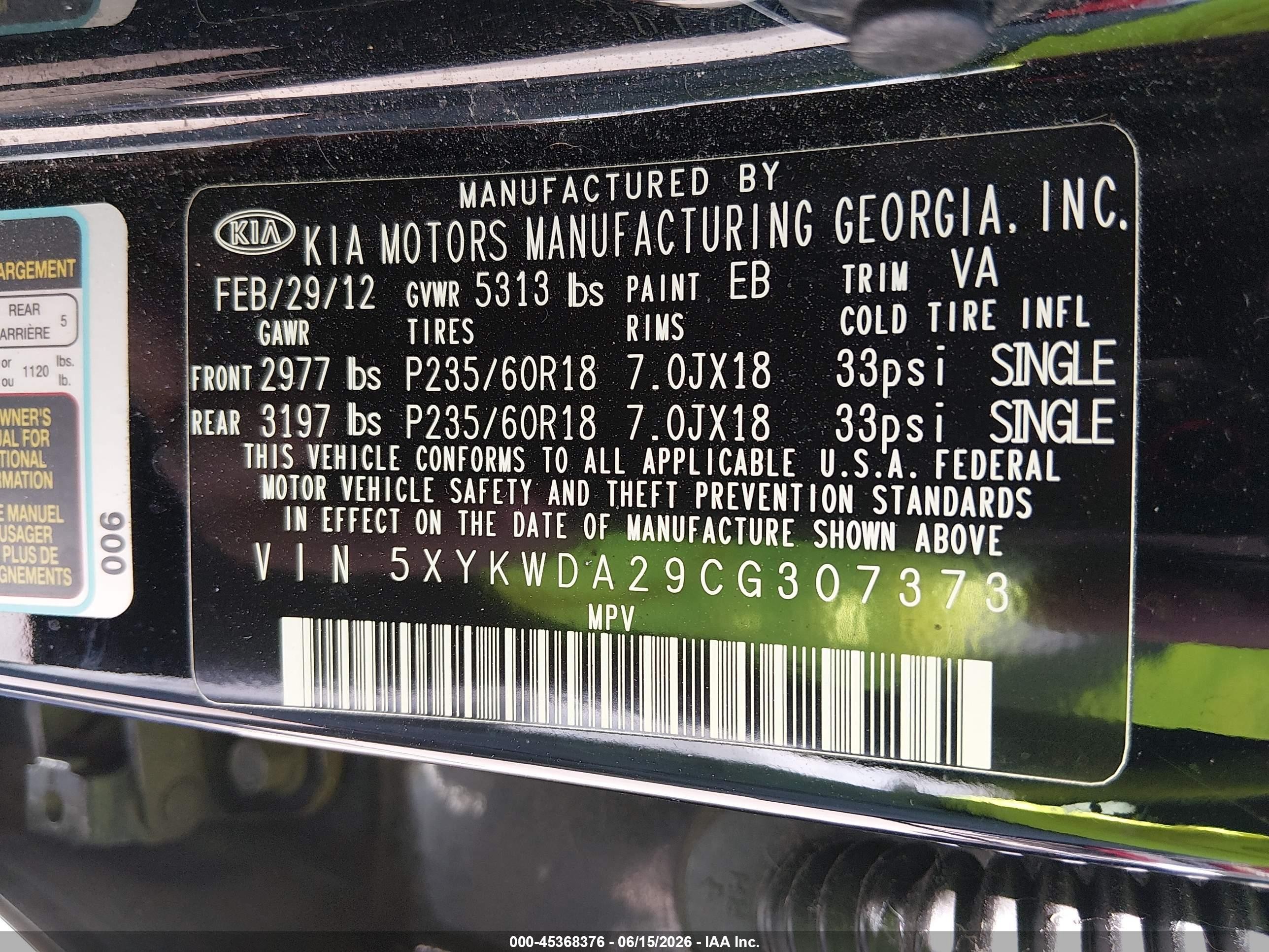 2012 Kia Sorento Sx V6 Black vin: 5XYKWDA29CG307373