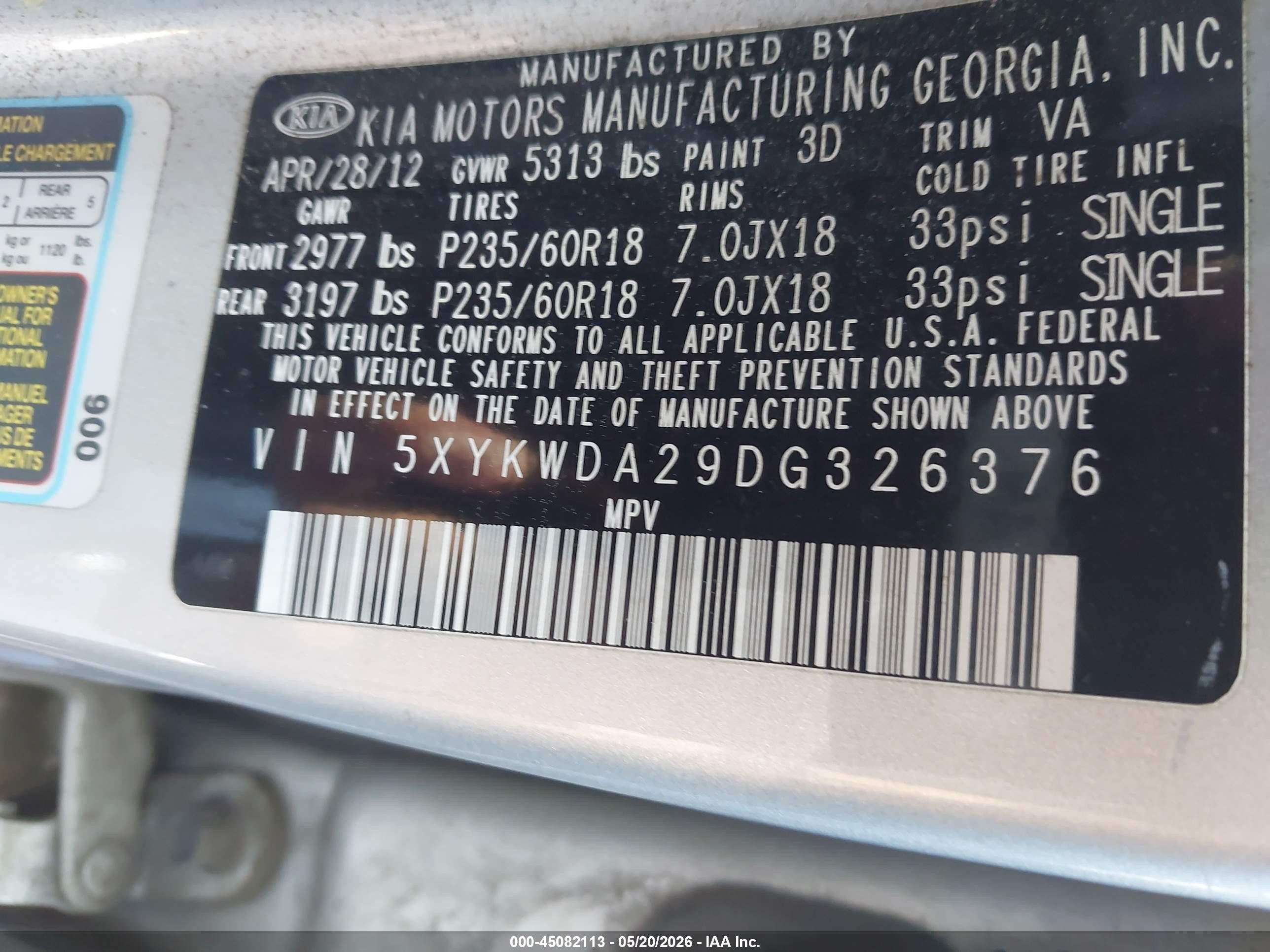 2013 Kia Sorento Sx V6 Silver vin: 5XYKWDA29DG326376