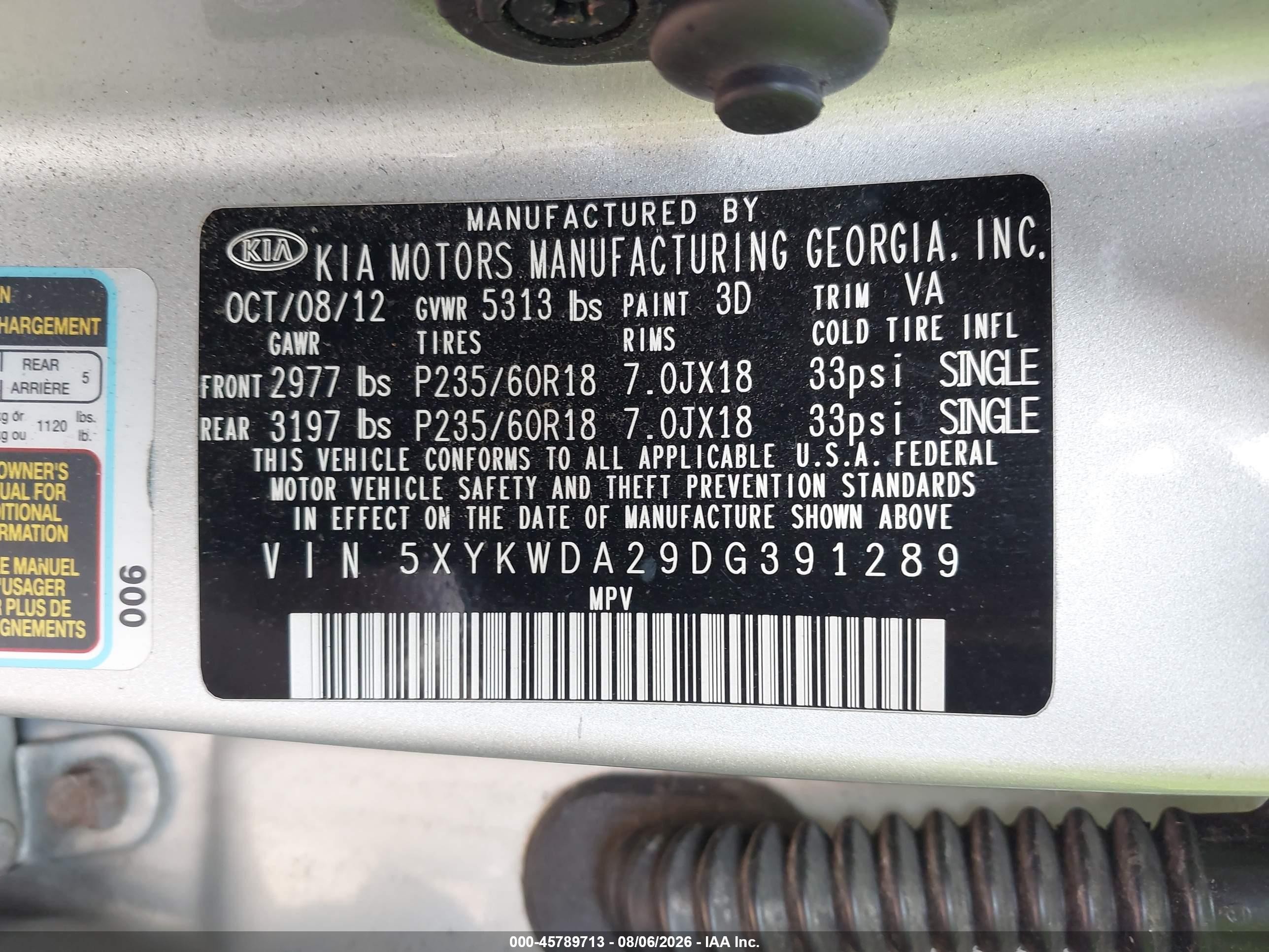 2013 Kia Sorento Sx V6 Silver vin: 5XYKWDA29DG391289