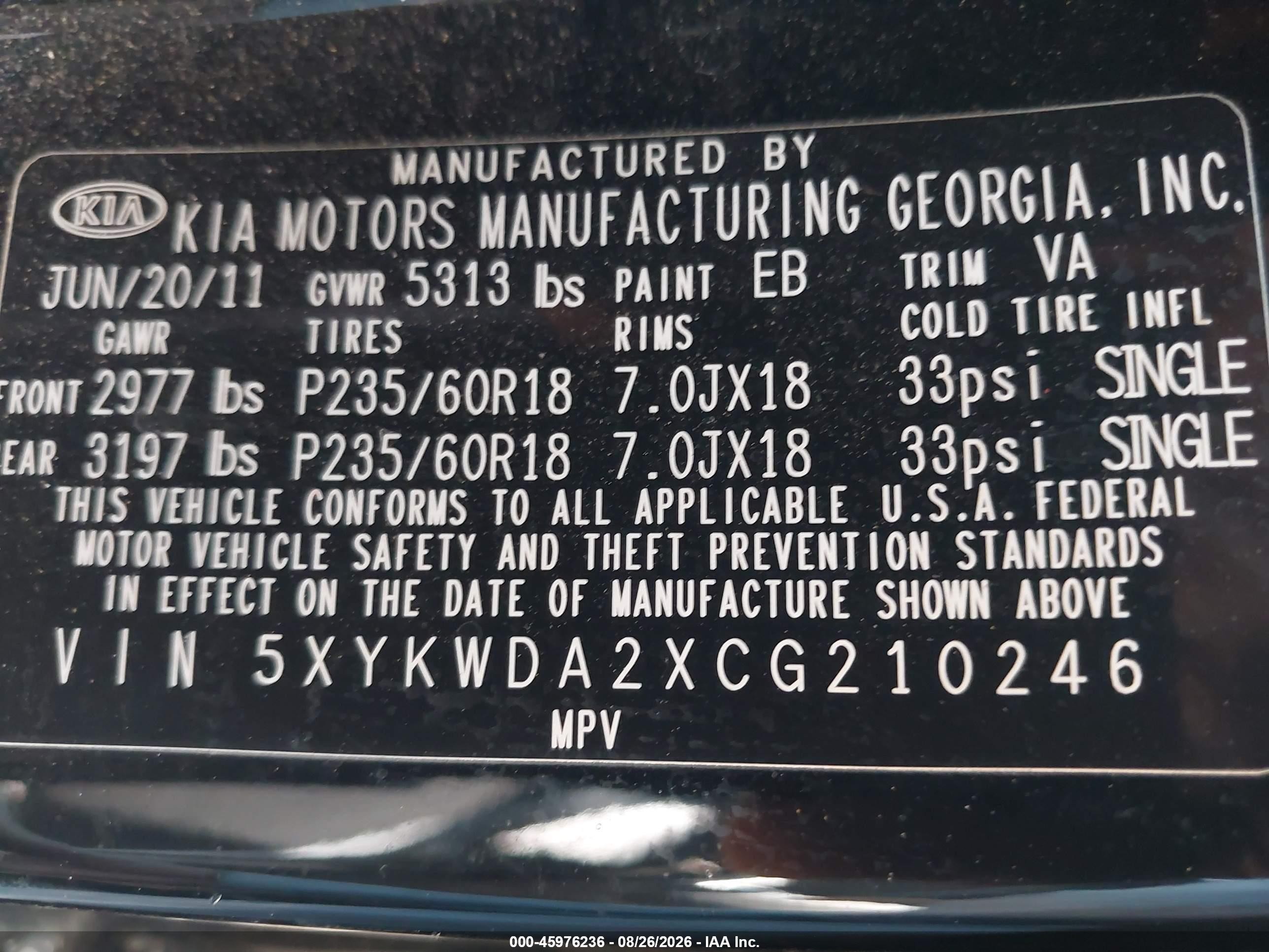 2012 Kia Sorento Sx V6 Black vin: 5XYKWDA2XCG210246