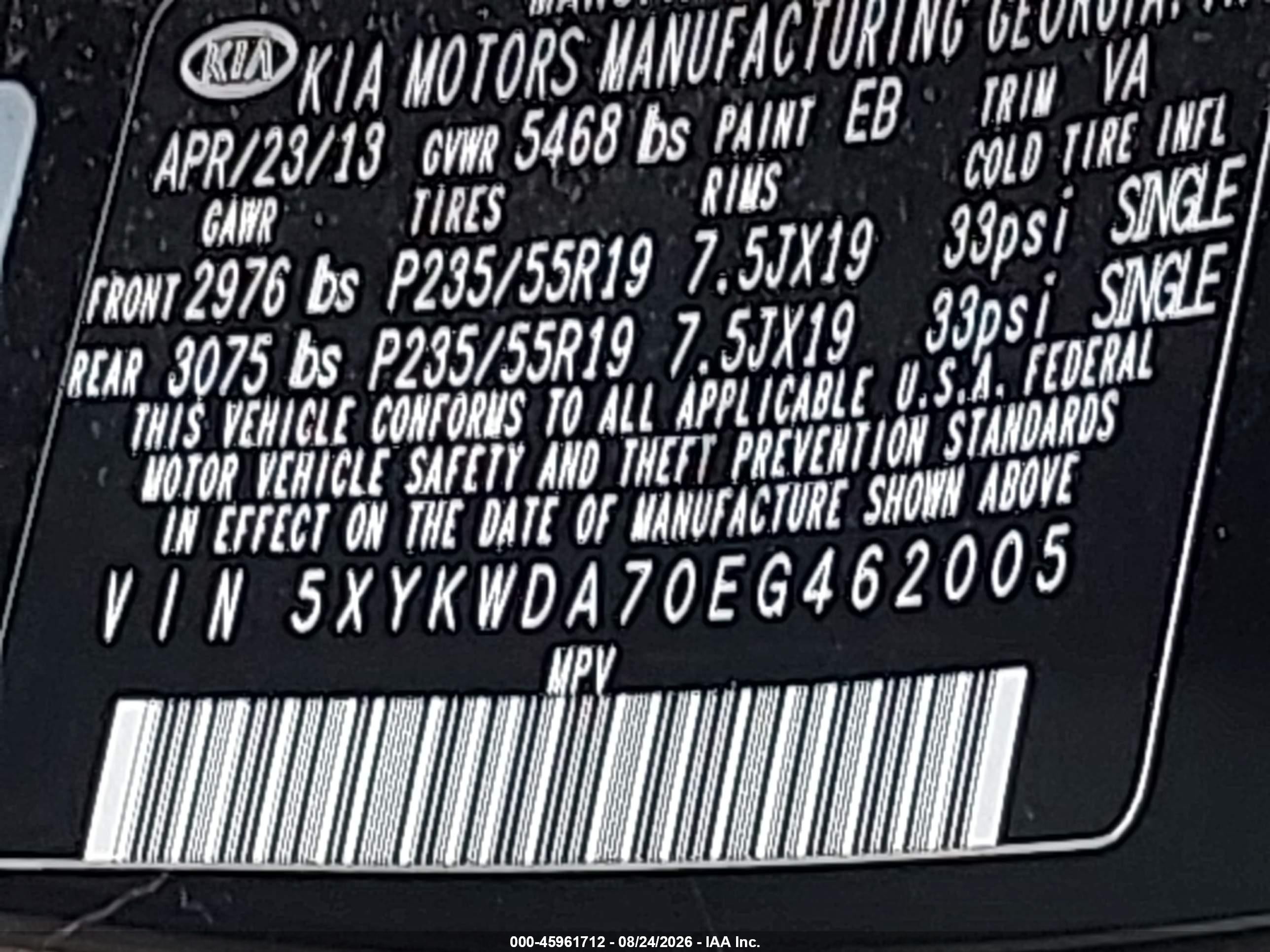 2014 Kia Sorento Limited V6 Black vin: 5XYKWDA70EG462005
