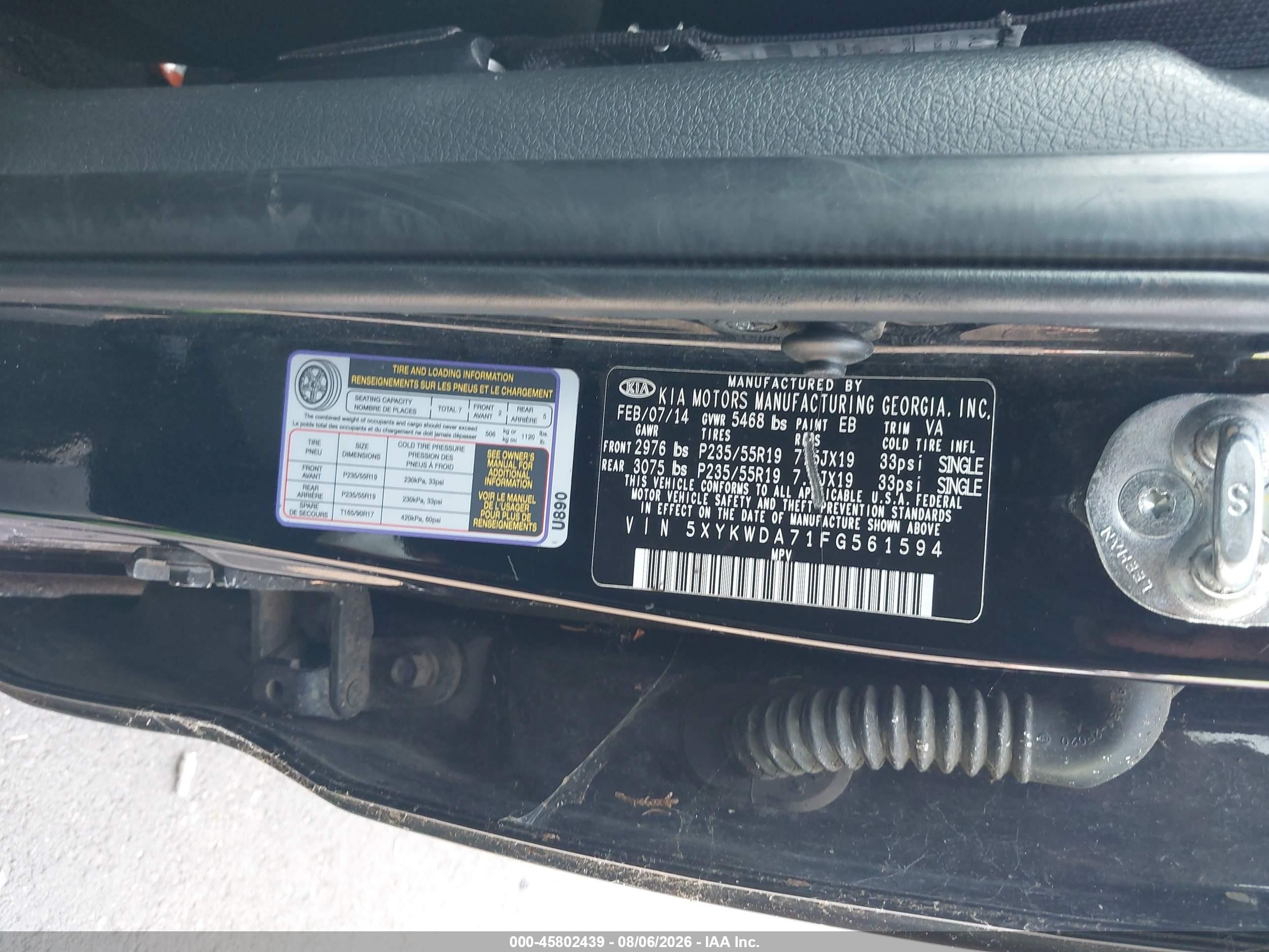2015 Kia Sorento Sx V6 Black vin: 5XYKWDA71FG561594