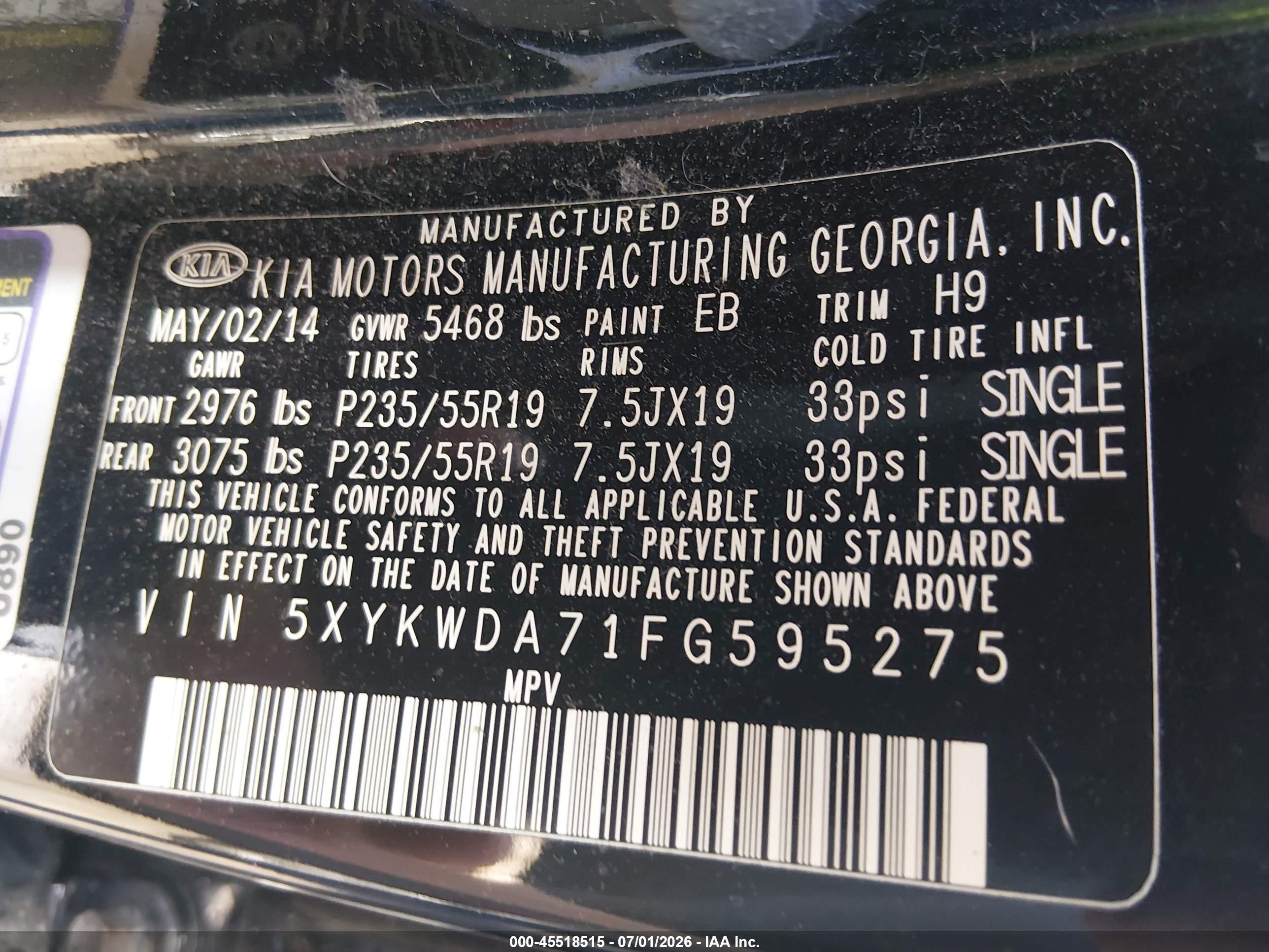 2015 Kia Sorento Sx V6 Black vin: 5XYKWDA71FG595275