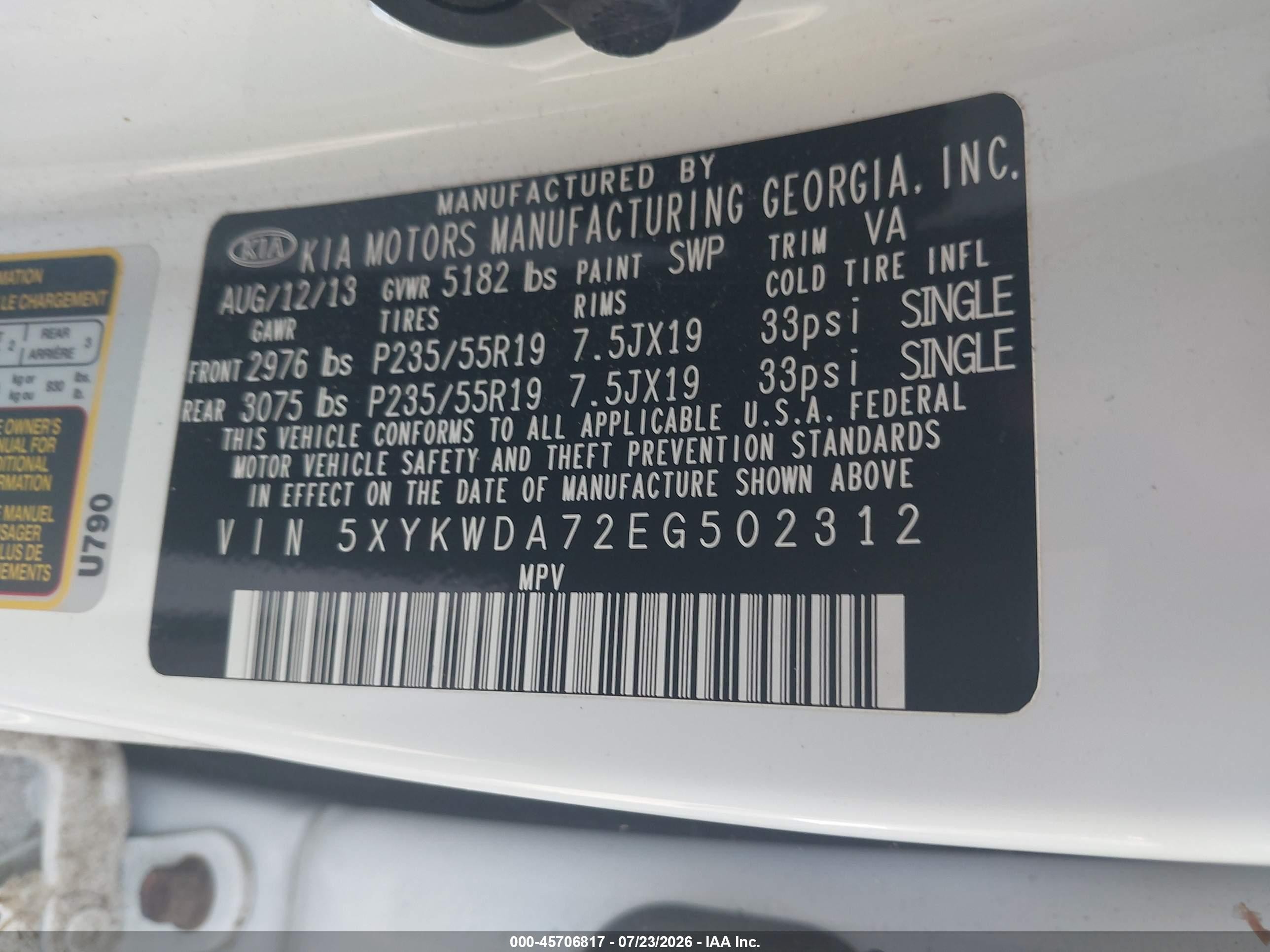 2014 Kia Sorento Sx V6 Белый vin: 5XYKWDA72EG502312