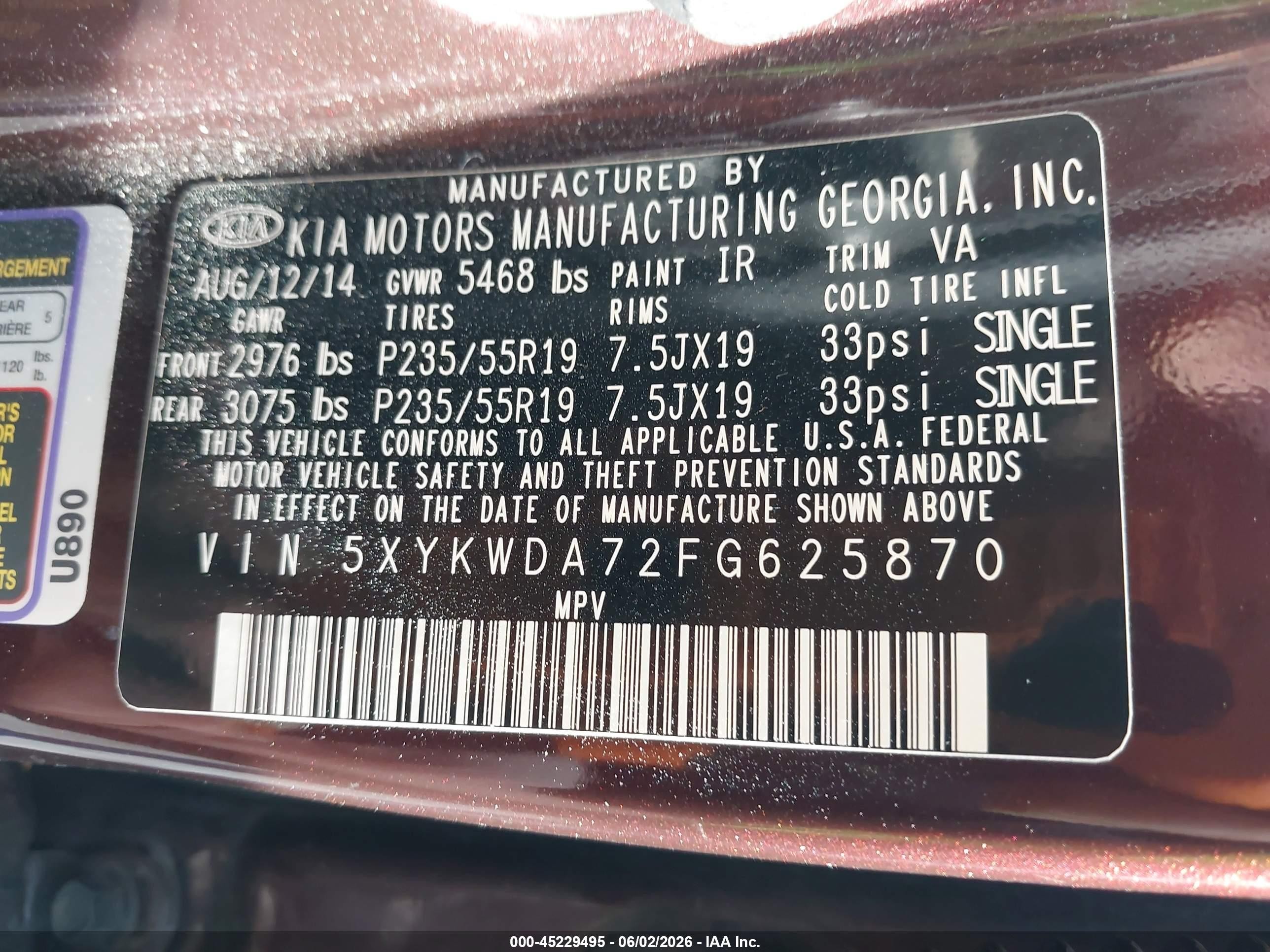 2015 Kia Sorento Sx V6 Burgundy vin: 5XYKWDA72FG625870