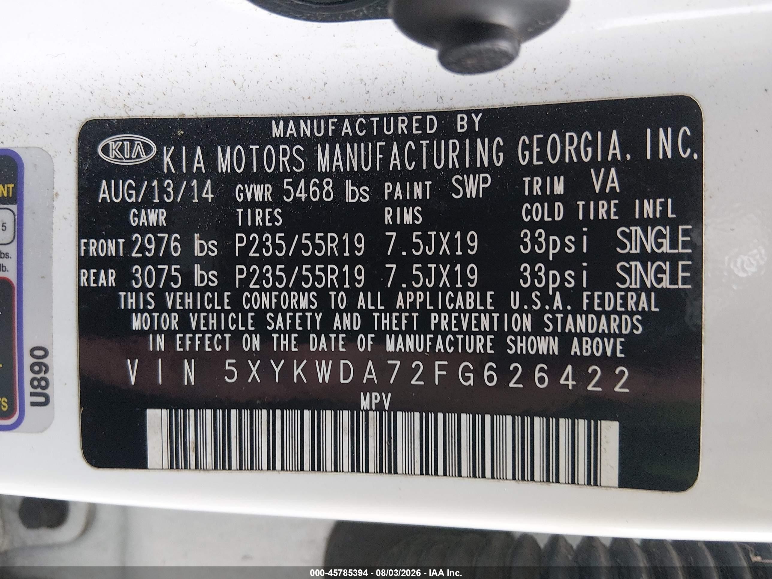2015 Kia Sorento Limited V6 Белый vin: 5XYKWDA72FG626422